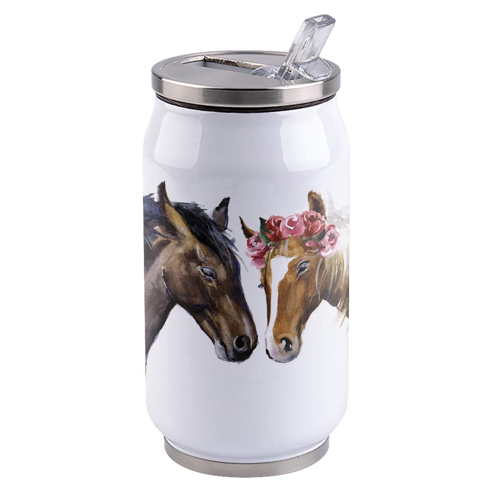 10oz Stainless Steel Tumbler with Lid & Straw - Double Wall Vacuum Insulated Travel Mug for Hot & Cold Drinks - Romantic Horse Watercolor Design - Perfect for Coffee, Tea, Juice - Ideal for Office, Gym, Hiking, Camping & Daily Use - Great Gift for Adults & Kids