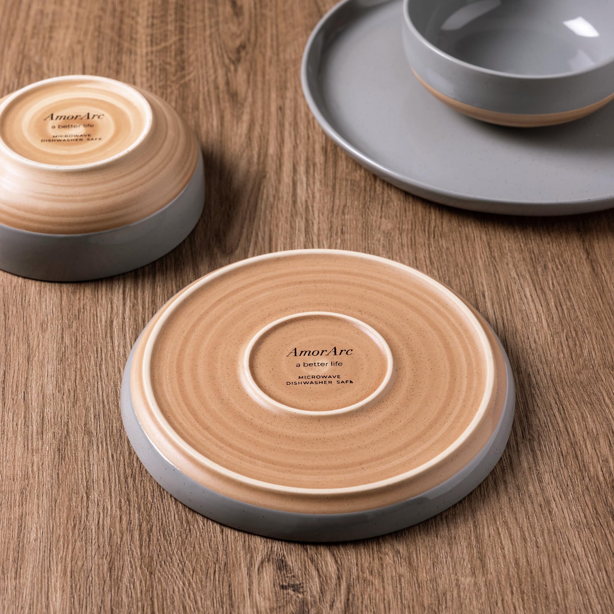AmorArc 12-Piece Ceramic Dinnerware Set for 4 - Hand-Painted Stoneware Plates & Bowls with Rustic Terracotta Underside, Scratch Resistant, Dishwasher & Microwave Safe, Gray - Perfect for Family Dinners, Entertaining Guests & Everyday Use