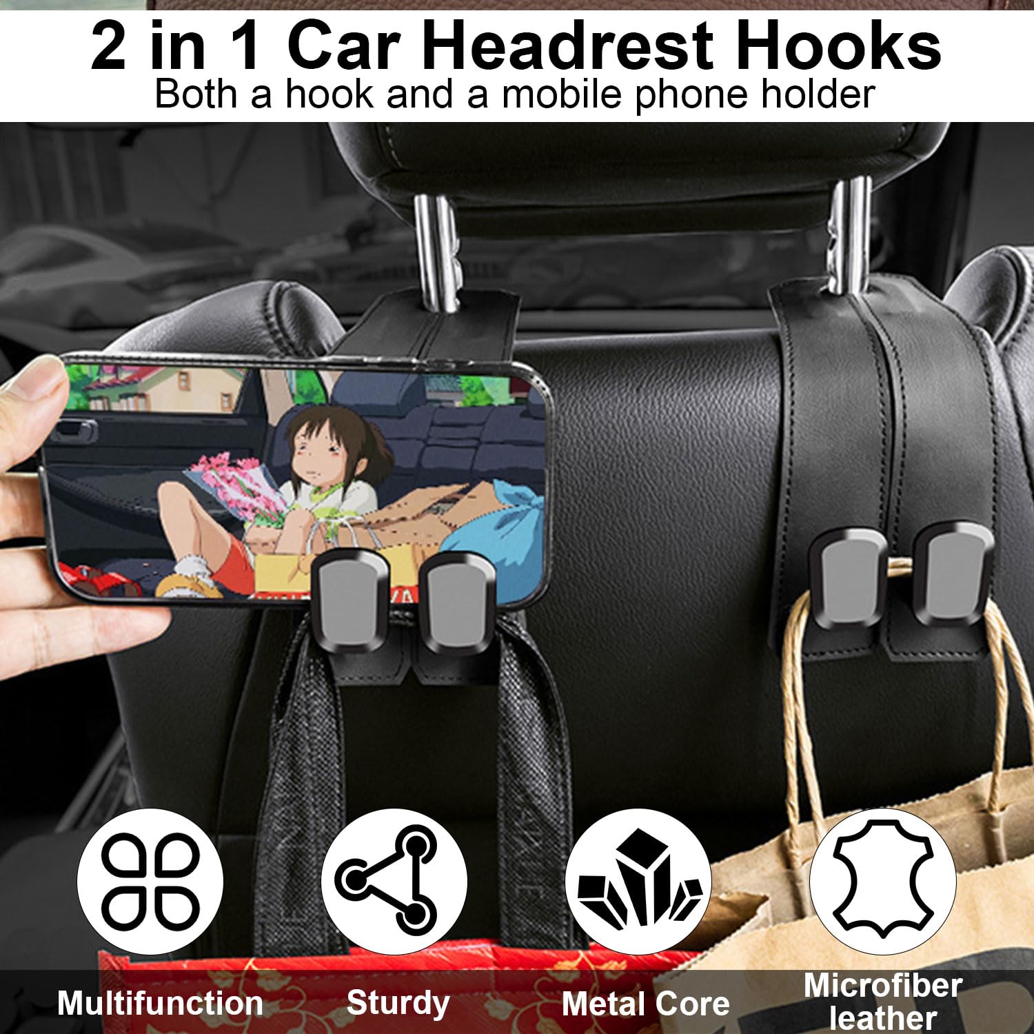 Elegananccy 2 Pack Premium Leather Car Seat Headrest Hooks - Heavy Duty Purse Hanger & Bag Holder for Women - Car Organizer Accessories for Handbags, Groceries & Shopping Bags (Black) - Perfect for Road Trips, Commuting & Daily Errands