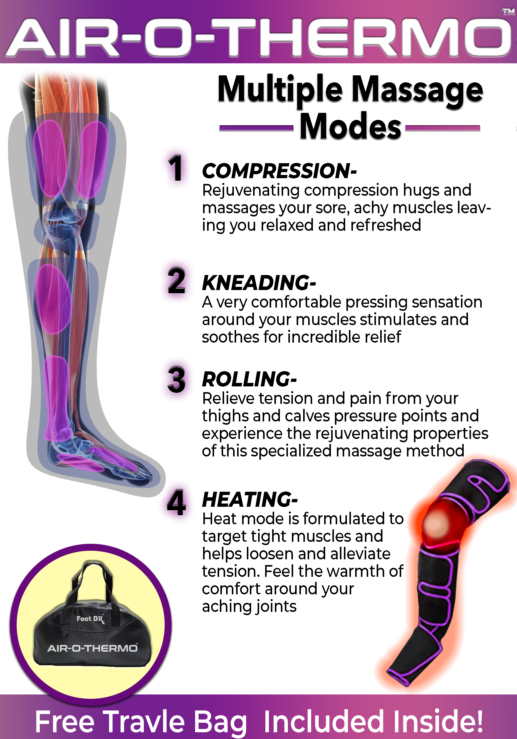 Air O Thermo Cordless Heated Leg Massager for Pain Relief - Rechargeable Warm Compression Wrap for Muscle Relaxation, Arthritis & Circulation - Perfect for Home, Office & Travel Use