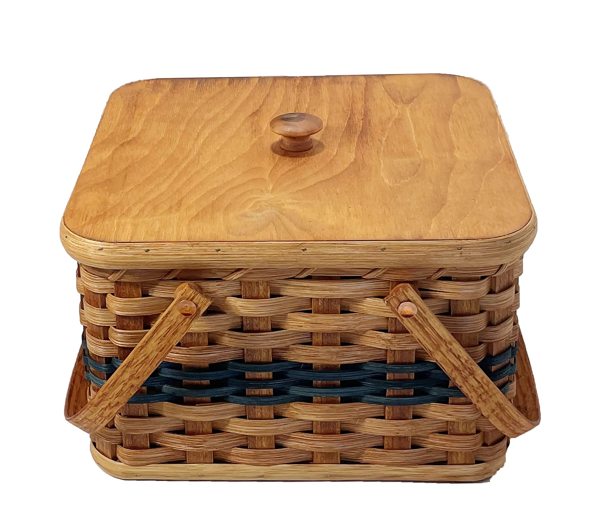 Amish Double Pie Carrier - Handmade Square Oak Basket with Swinging Handles - Perfect for Picnics, Potlucks & Holiday Baking - Blue