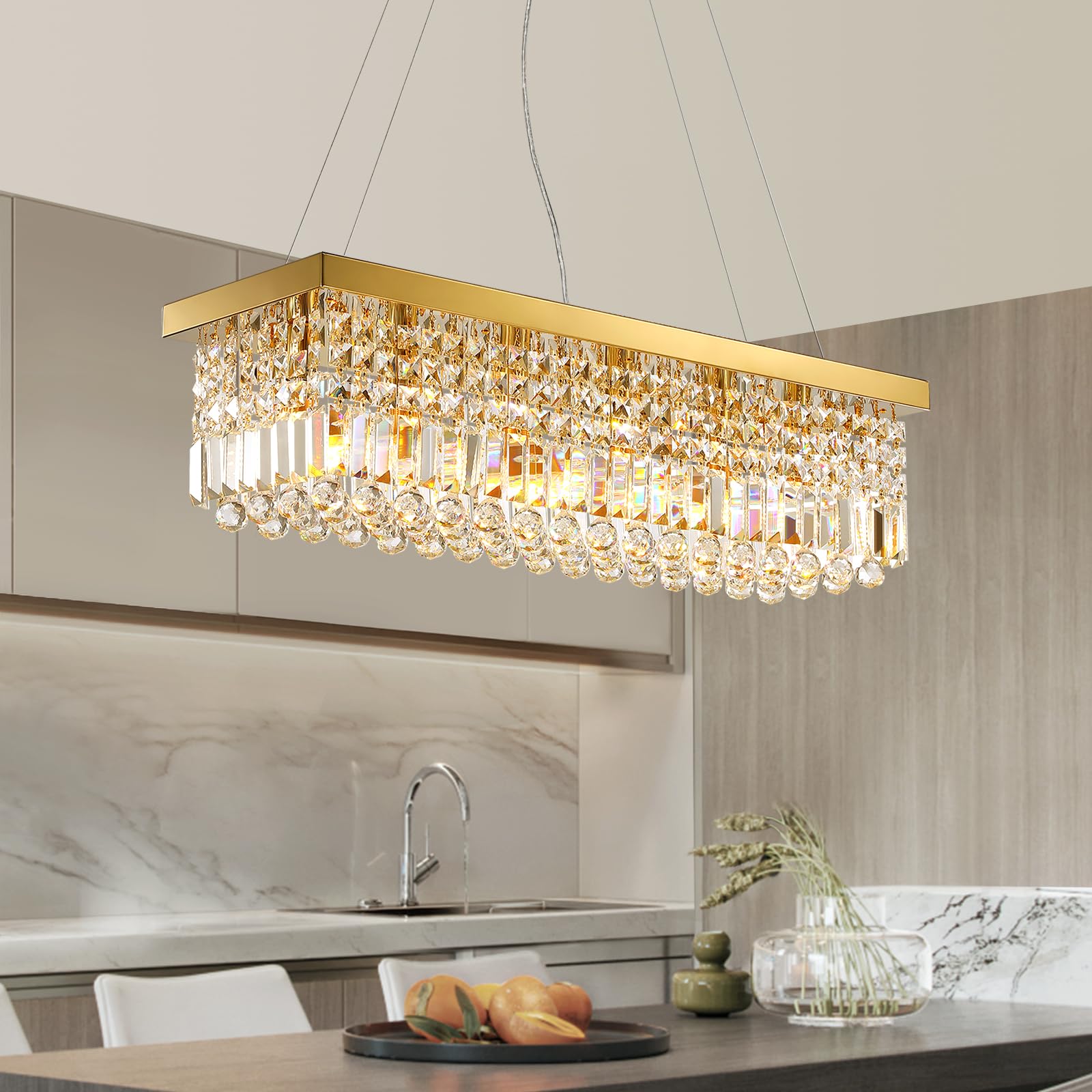 Siljoy 6-Light Modern Crystal Chandelier - Rectangular Gold K9 Crystal Raindrop Pendant Light for Dining Room, Living Room & Kitchen Island (31.5