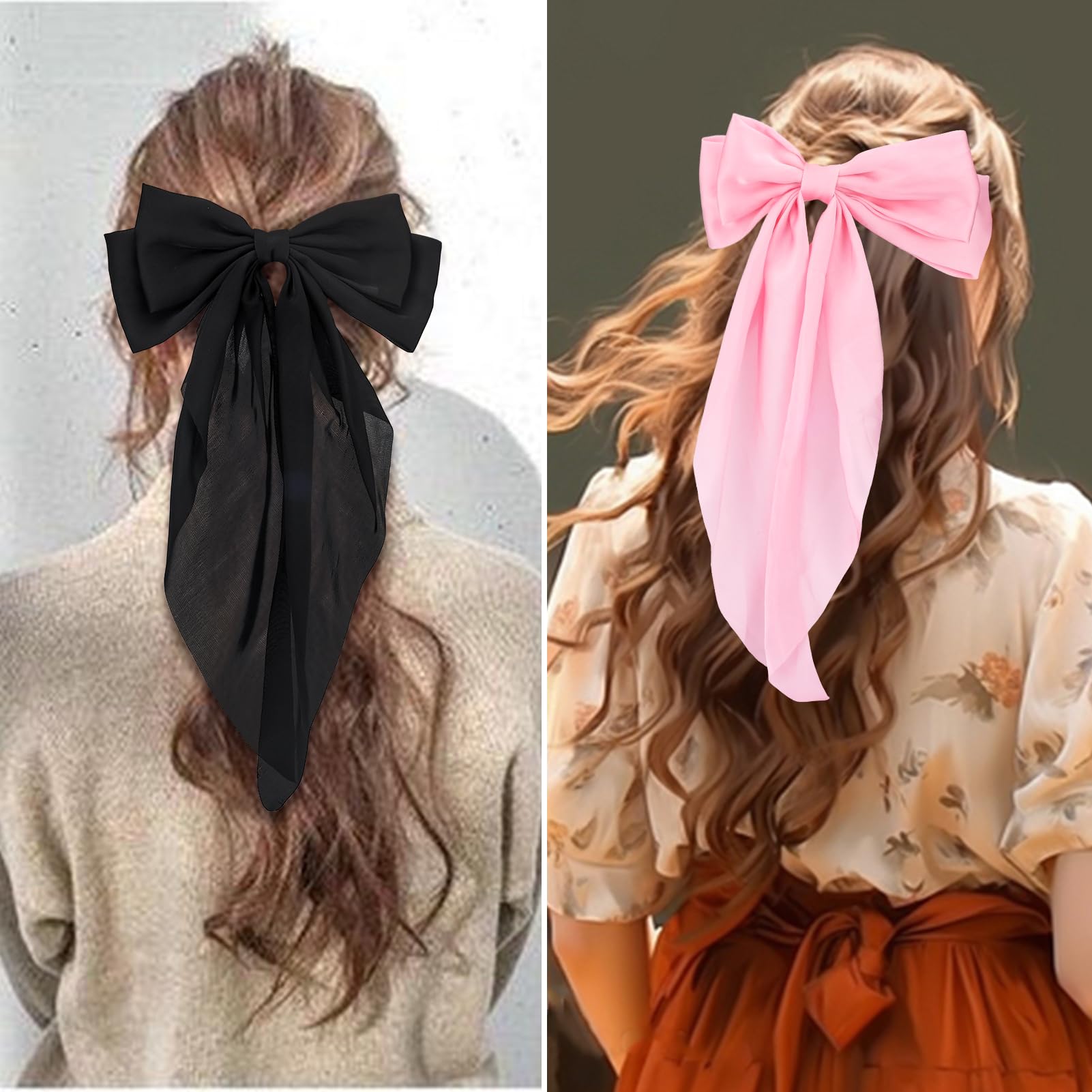4Pcs Elegant Satin Hair Bows for Women - Large Black & White Pink Hair Clips with Long Tails - Cute Bowknot Barrettes for Girls & Adults | Perfect for Weddings, Parties, Daily Styling & Aesthetic Hair Accessories