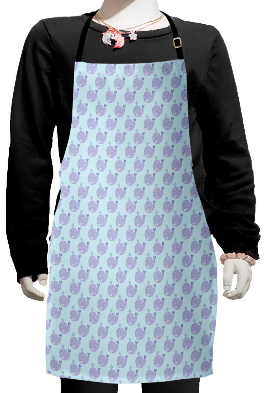 Ambesonne Whale Apron - Adjustable Cartoon Animal Kitchen Apron with Smile & Swirl Design, Deep Ocean Theme Bib for Baking, Painting & Cooking - Small Size Pale Blue Mauve - Perfect for Home Chefs, Artists & DIY Enthusiasts