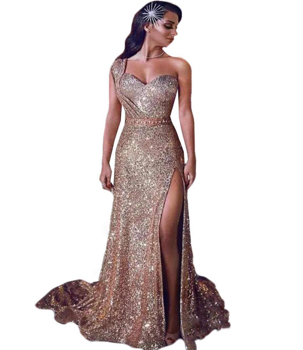 Elegant One Shoulder Sequin Mermaid Evening Gown - Ruched Split Prom Dress for Women | Perfect for Formal Events, Weddings, and Special Occasions