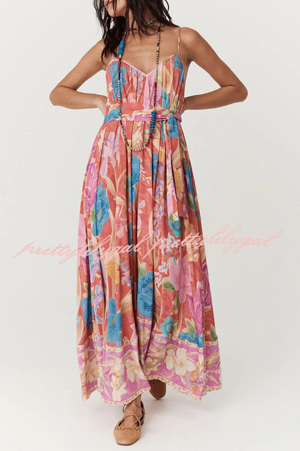 Boho Floral Print Strappy A-Line Maxi Dress for Women - Painter's Garden Style Summer Beach Dress, Perfect for Vacations, Weddings & Outdoor Parties