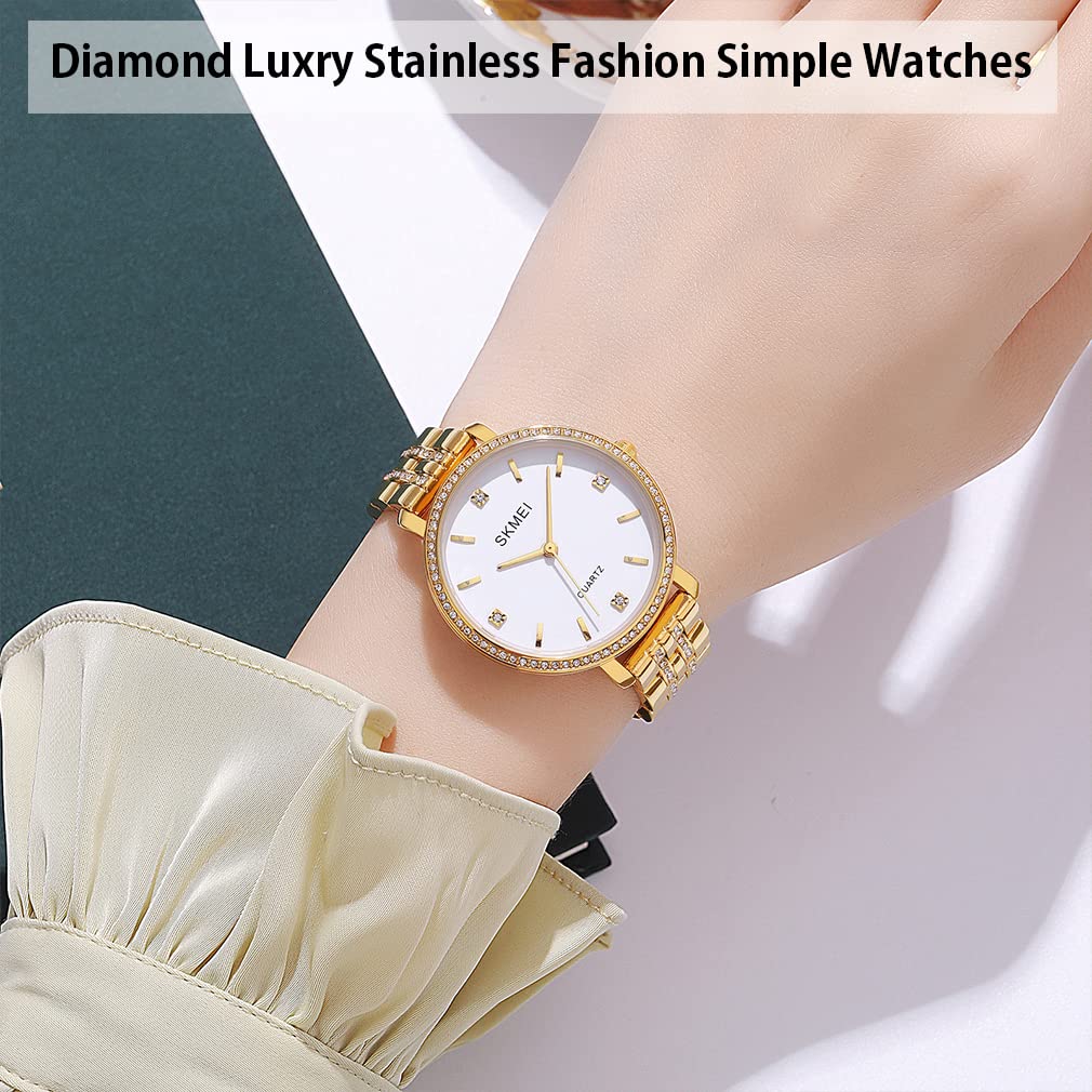 SKMEI Women's Luxury Diamond Stainless Steel Watch - Gold Analog Business Dress Watch with Big Face, Waterproof, Elegant Gift for Wife, Girlfriend & Ladies (Perfect for Office, Party & Formal Occasions)