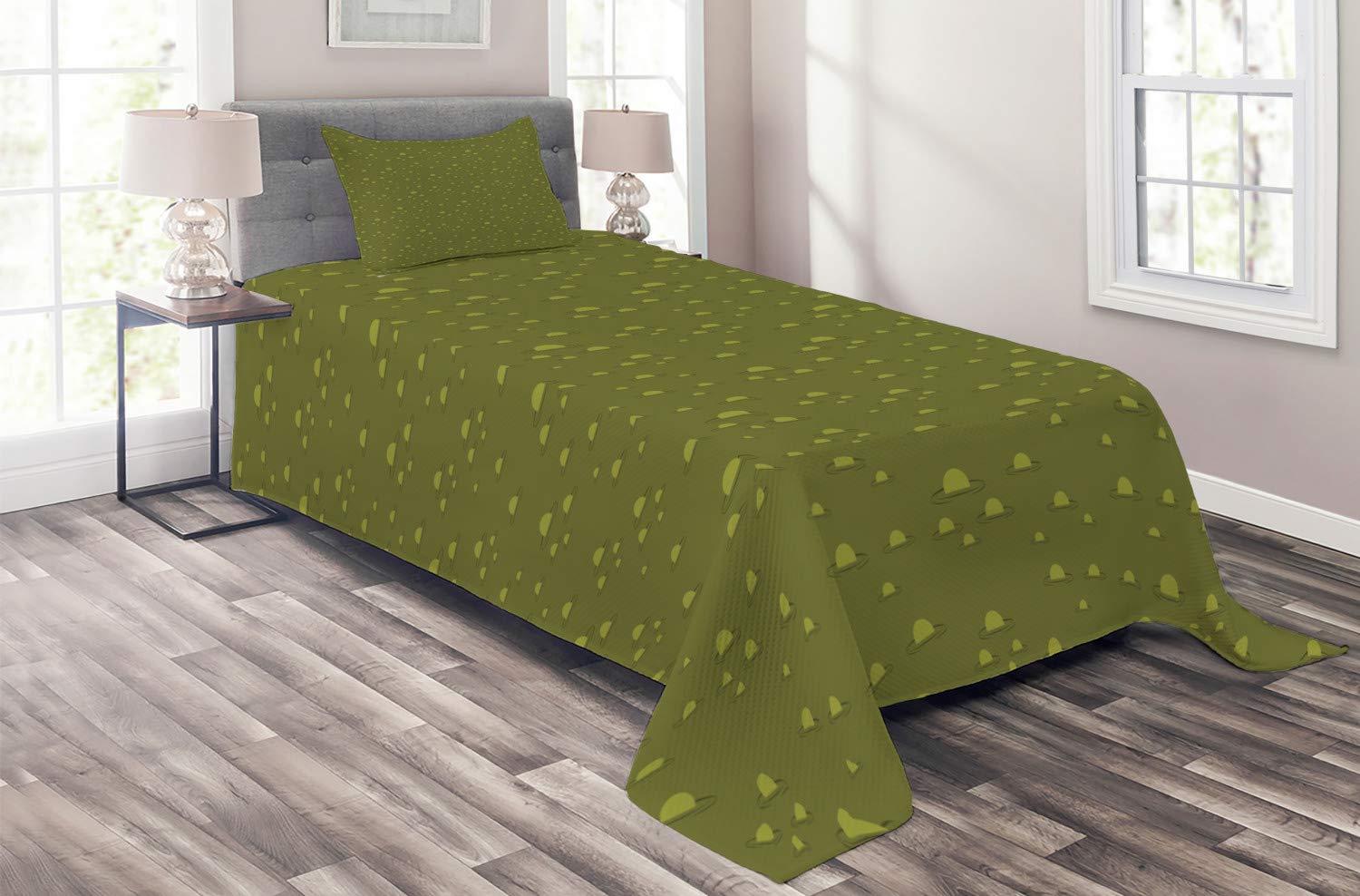Lunarable Moss Green Coverlet Set - Swamp Pattern with Bubbles Nature Eco Theme, 2-Piece Quilted Bedspread with Pillow Sham, Twin Size in Forest Green & Pale Green | Perfect for Bedroom Decor, Guest Room, and Eco-Friendly Home Styling