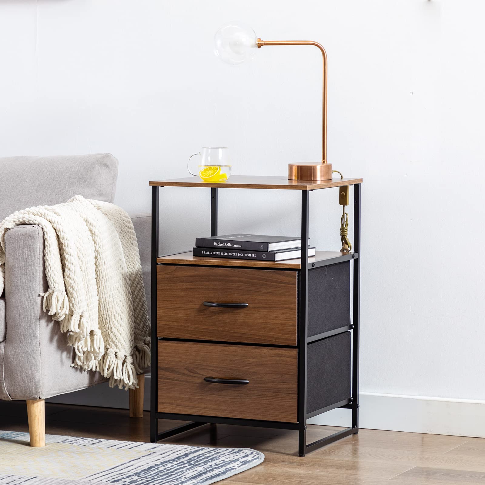 DUHOME Nightstand with 2 Drawers & Shelves - Wooden Top Bedside Table for Bedroom & Living Room Storage