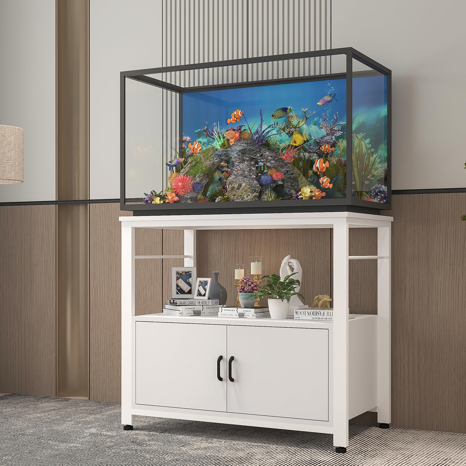 Heavy Duty Metal Fish Tank Stand for 40-50 Gallon Aquariums | Double Layer Storage Cabinet with 760lbs Weight Capacity | White Aquarium Stand for Living Room, Office or Bedroom