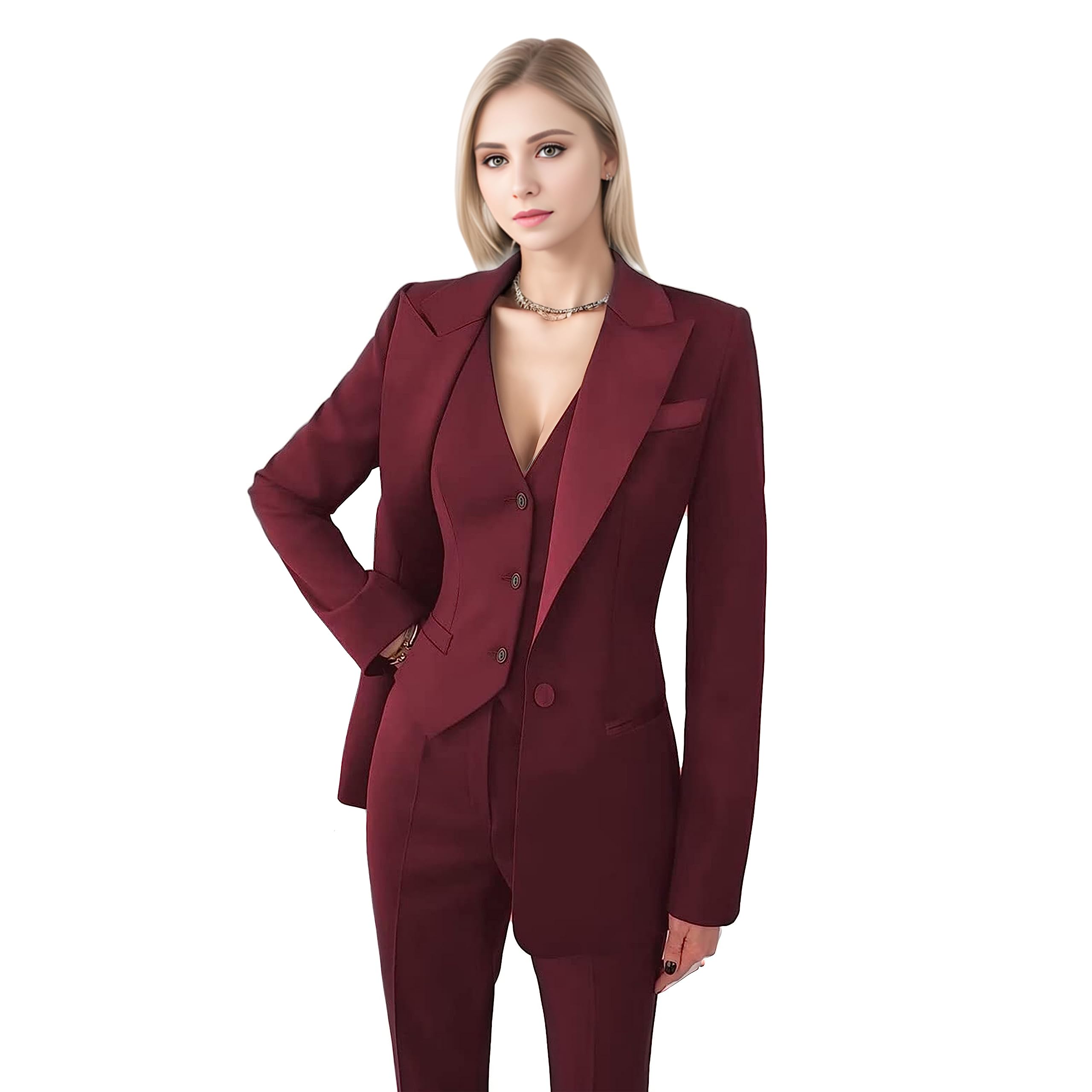 Burgundy Women's 3-Piece Suit - Red Business Casual Pantsuit for Office Work & Professional Outfits | Perfect for Corporate Meetings, Job Interviews & Formal Office Wear