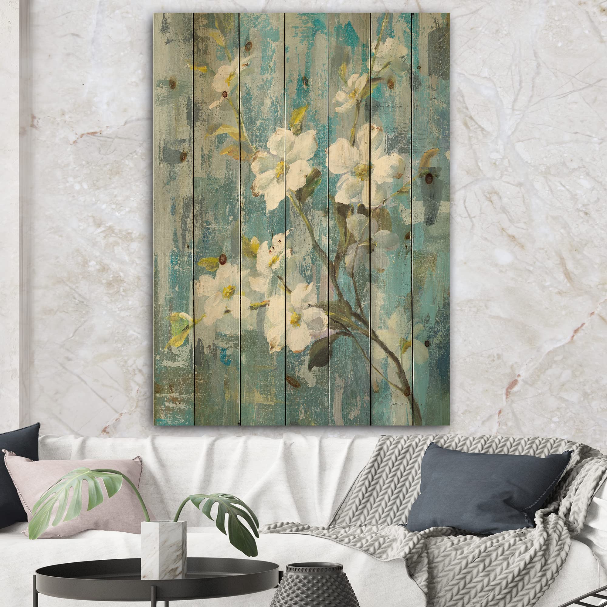 DesignQ Pastel Magnolia II Traditional Wood Wall Decor - Blue Floral Wood Wall Art Panel Printed on Natural Pine - Large Home Decoration for Living Room, Bedroom & Office