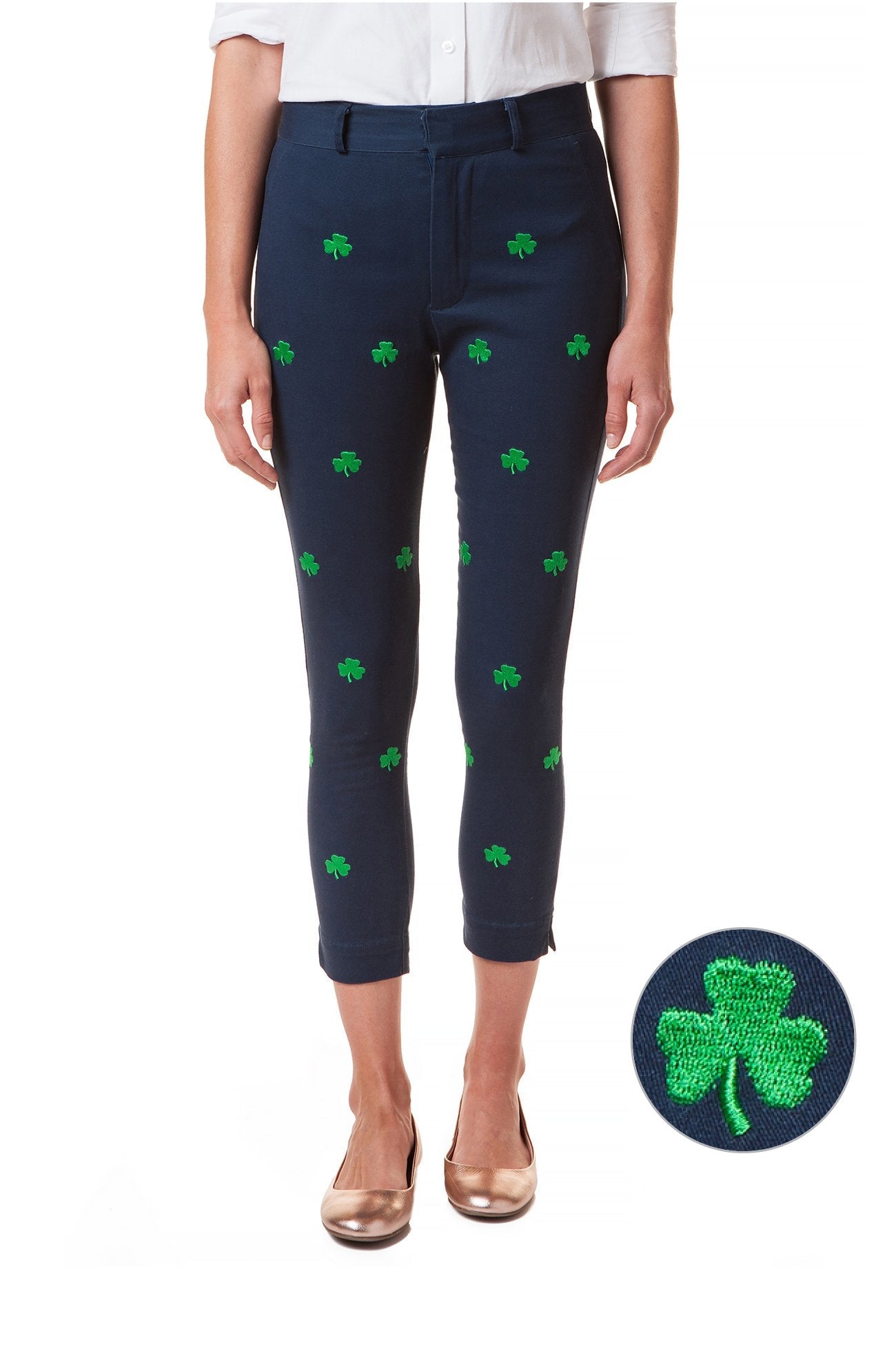 Stretchy Ankle Capri Pants in Nantucket Navy with Shamrock Print - Perfect for Casual Wear, Yoga, and Summer Outfits