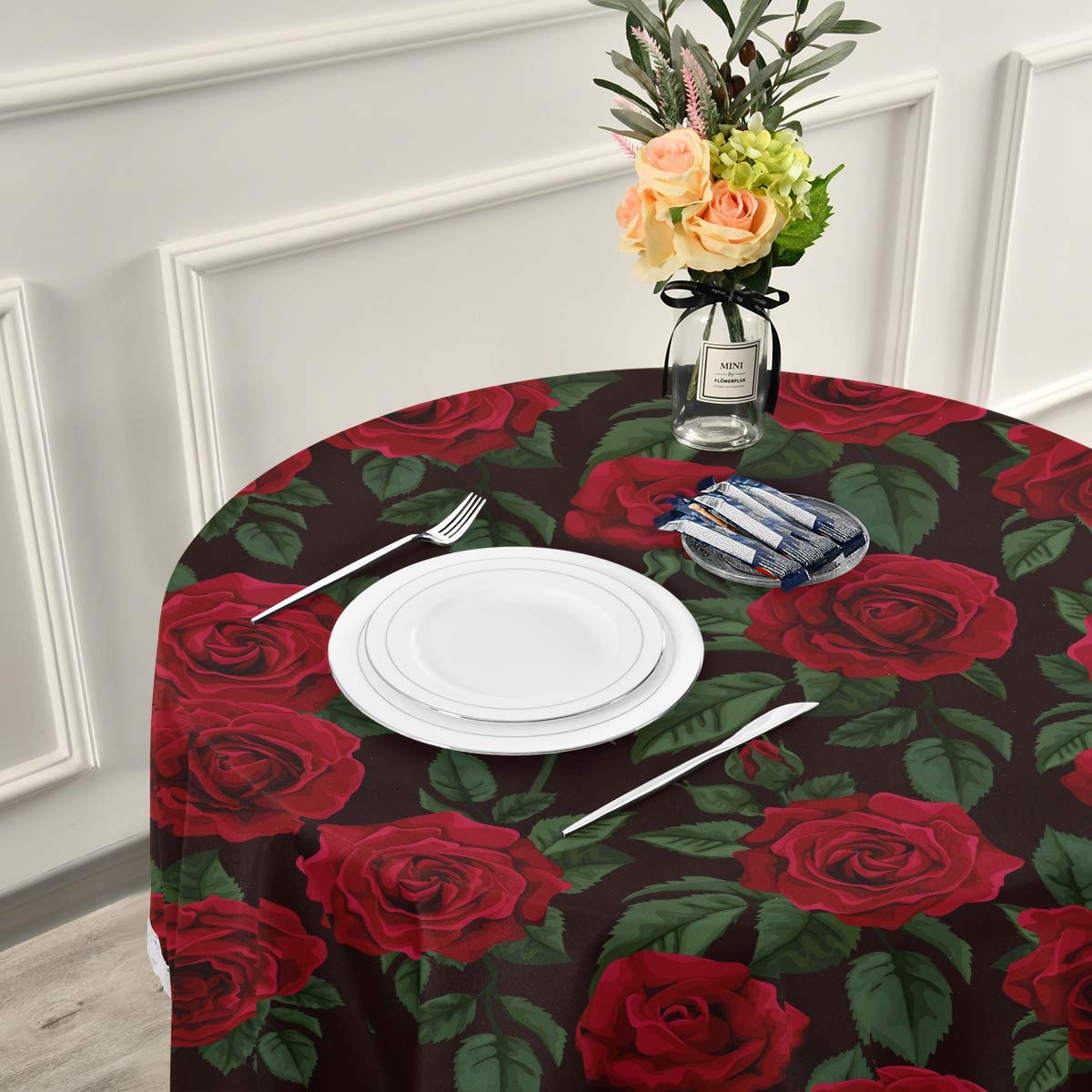 ALAZA 60 x 60 Inch Red Rose Floral Elastic Tablecloth - Wrinkle-Resistant Round Table Cover for Dining, Kitchen, Parties | Perfect for Weddings, Anniversaries & Holiday Decorations