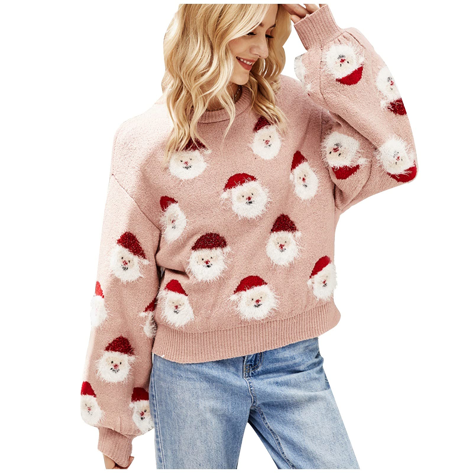 Women's Faux Wool Coats - Long Sleeve Santa Head Pattern Sweater, Casual Crewneck Pullover Knit Jumper for Winter Fashion & Holiday Outfits