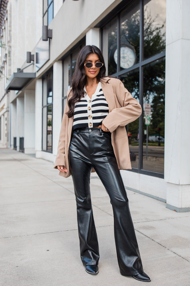 Forevermore Black Faux Leather Flare Pants for Women - High Waisted Stretchy Vegan Leather Pants - Trendy 70s Retro Style for Night Out, Party & Casual Wear - FINAL SALE