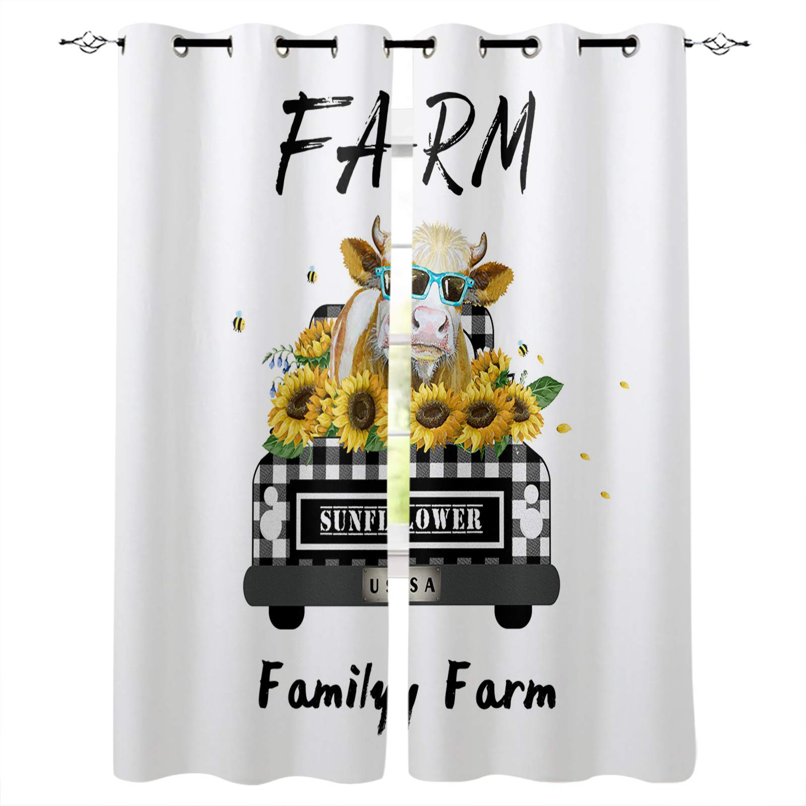 Black Buffalo Plaid Farmhouse Window Curtains - Noise Reducing & Thermal Insulated Cow with Sunglasses Sunflower Design - Room Darkening Drapes for Kitchen, Bedroom, Living Room | Perfect for Rustic Decor & Sunlight Control