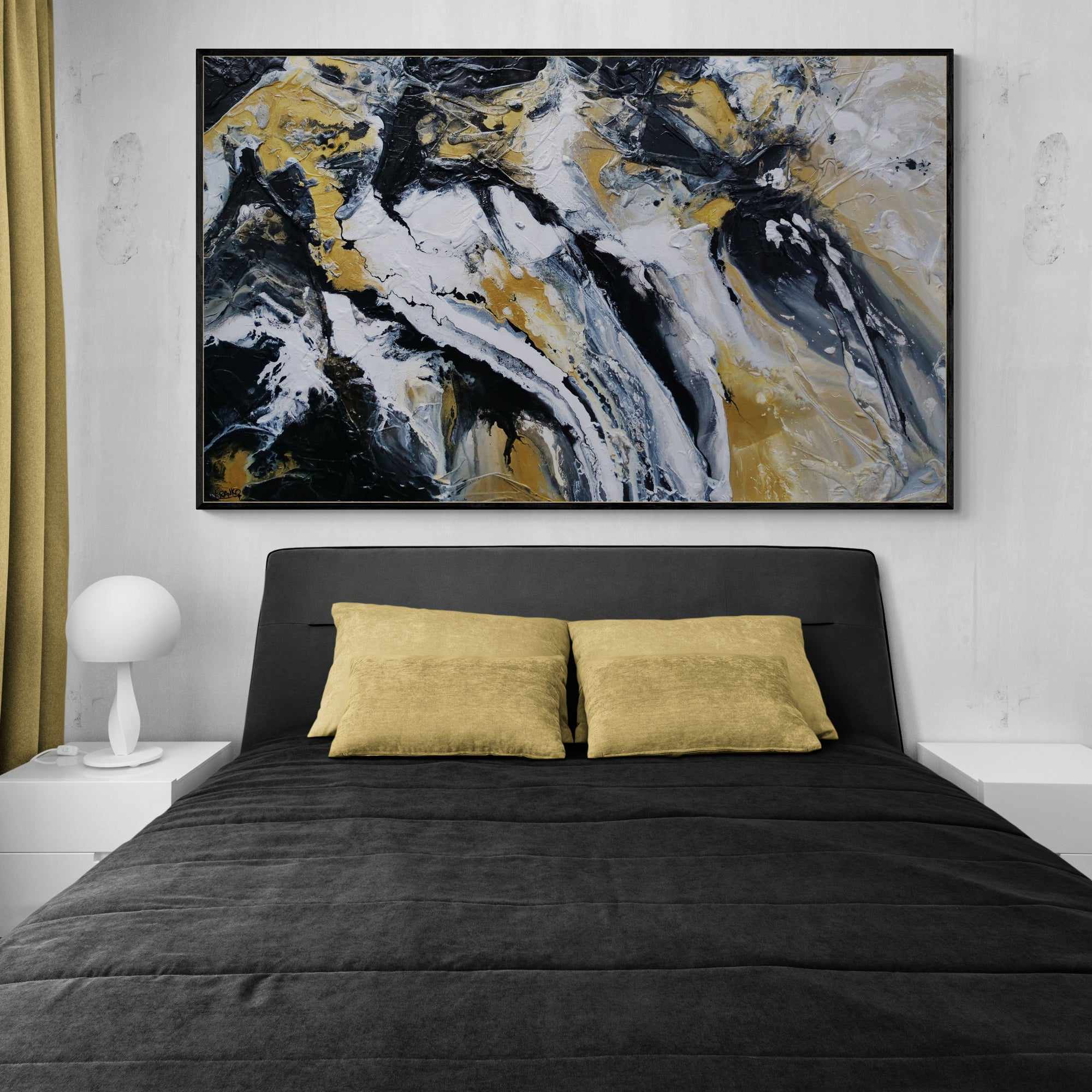 Golden Pearl 200cm x 120cm Black Gold White Textured Abstract Canvas Painting - Modern Wall Art for Living Room, Bedroom & Office Decor