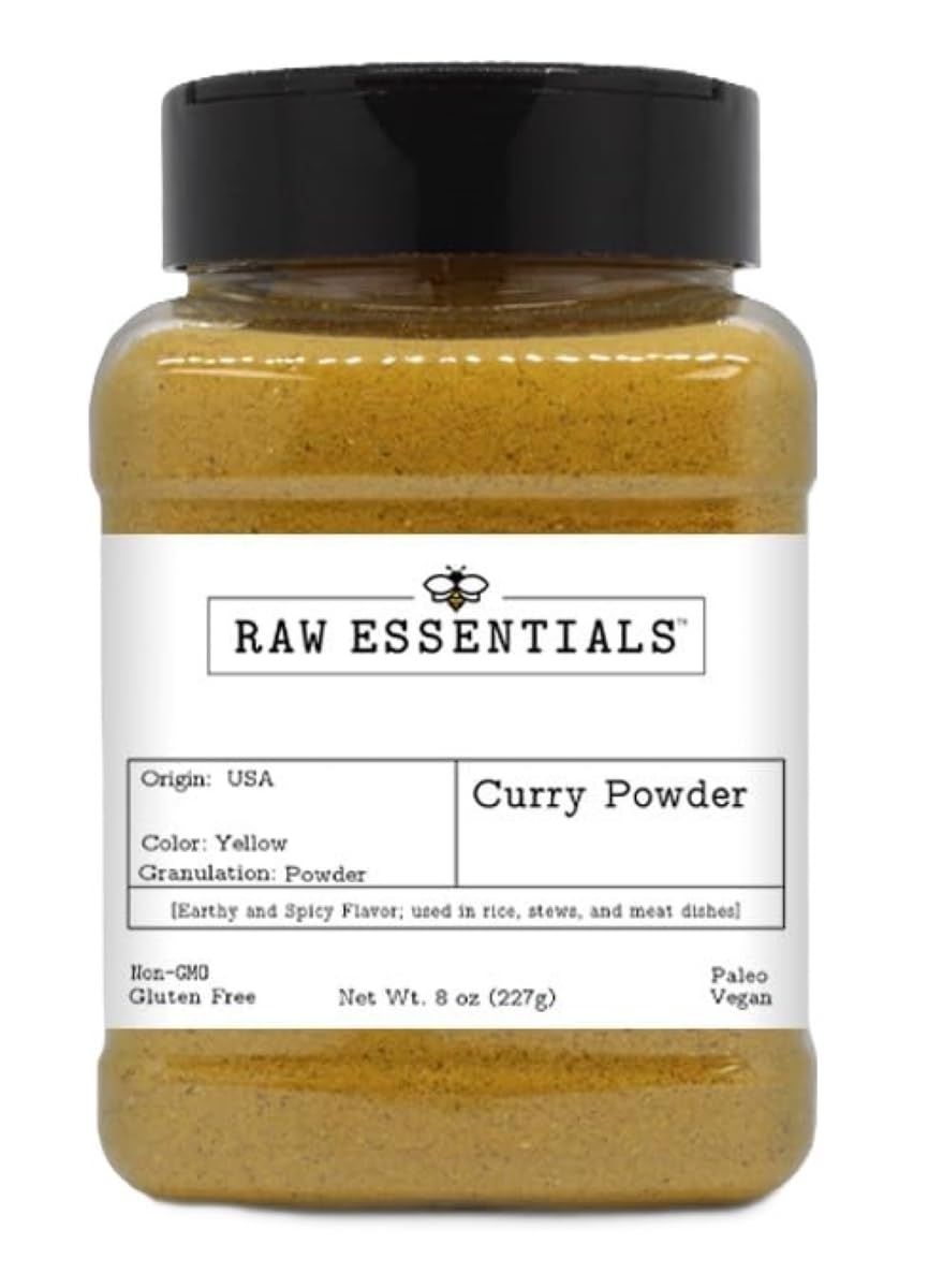 Organic Raw Essentials Curry Powder - Earthy & Spicy Indian & Asian Seasoning - Perfect for Stews, Rice, Meat & Vegetables - Non-GMO, Gluten-Free, Paleo & Vegan Friendly - 8oz Glass Bottle - Great for Home Cooking, Meal Prep & Gourmet Dishes