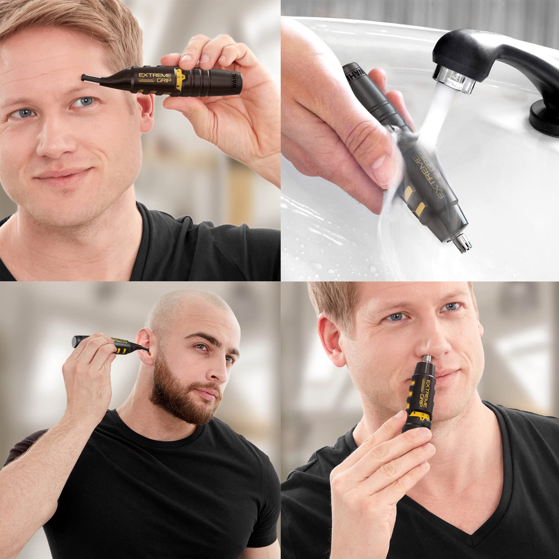 Wahl Extreme Grip Detail Trimmer for Men & Women - Painless Eyebrow & Facial Hair Trimmer, 2-in-1 Personal Grooming Kit with Nose, Ear & Eyebrow Attachments | Cordless, Battery-Powered & Washable Heads | Perfect for Travel, Home & Salon Use