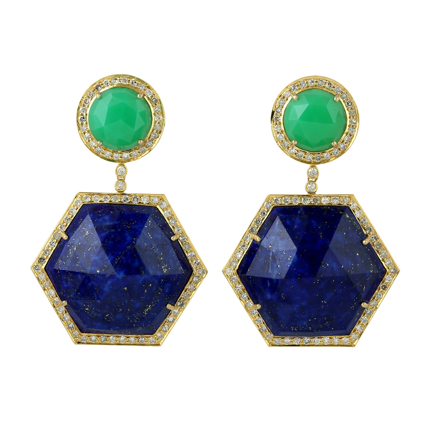 18K Yellow Gold Hexagon Lapis Chrysoprase Diamond Dangle Earrings - Elegant Statement Jewelry for Parties, Weddings & Special Occasions