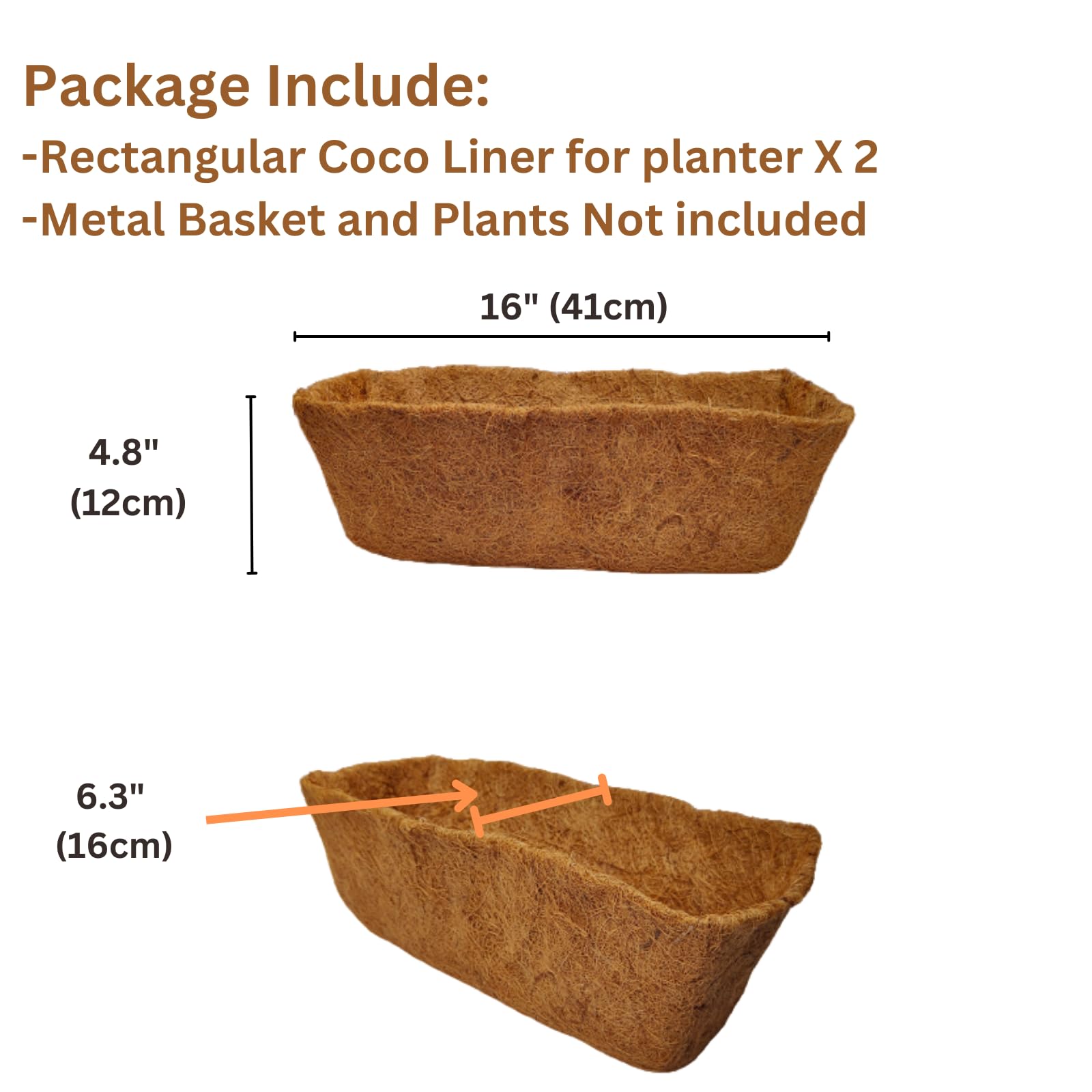 Maxona 16 Inch Rectangular Coco Liner for Planter - 2 Pack Thick Coconut Coir Replacement for Hanging Baskets, Window Boxes & Garden Pots | Durable Fiber Husk for Wall Planters, Fence Decor & Outdoor Gardening