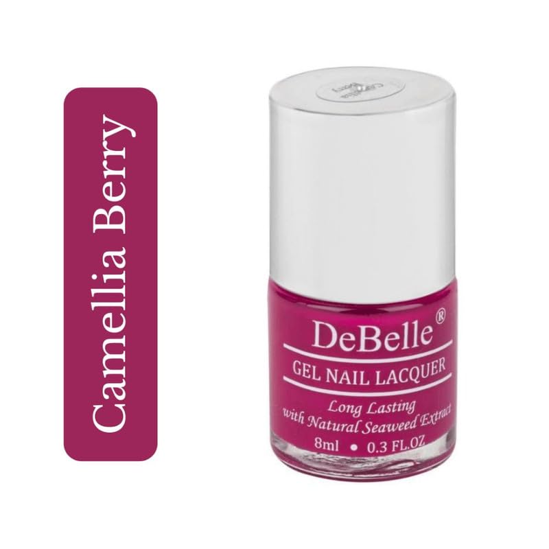 DeBelle Gel Nail Polish - Camellia Berry Dark Pink Long Lasting Nail Lacquer | Seaweed Enriched, Chip Resistant Formula | No UV Light Needed | 8ml Bottle | Perfect for Salon Quality Manicures at Home or Professional Nail Art