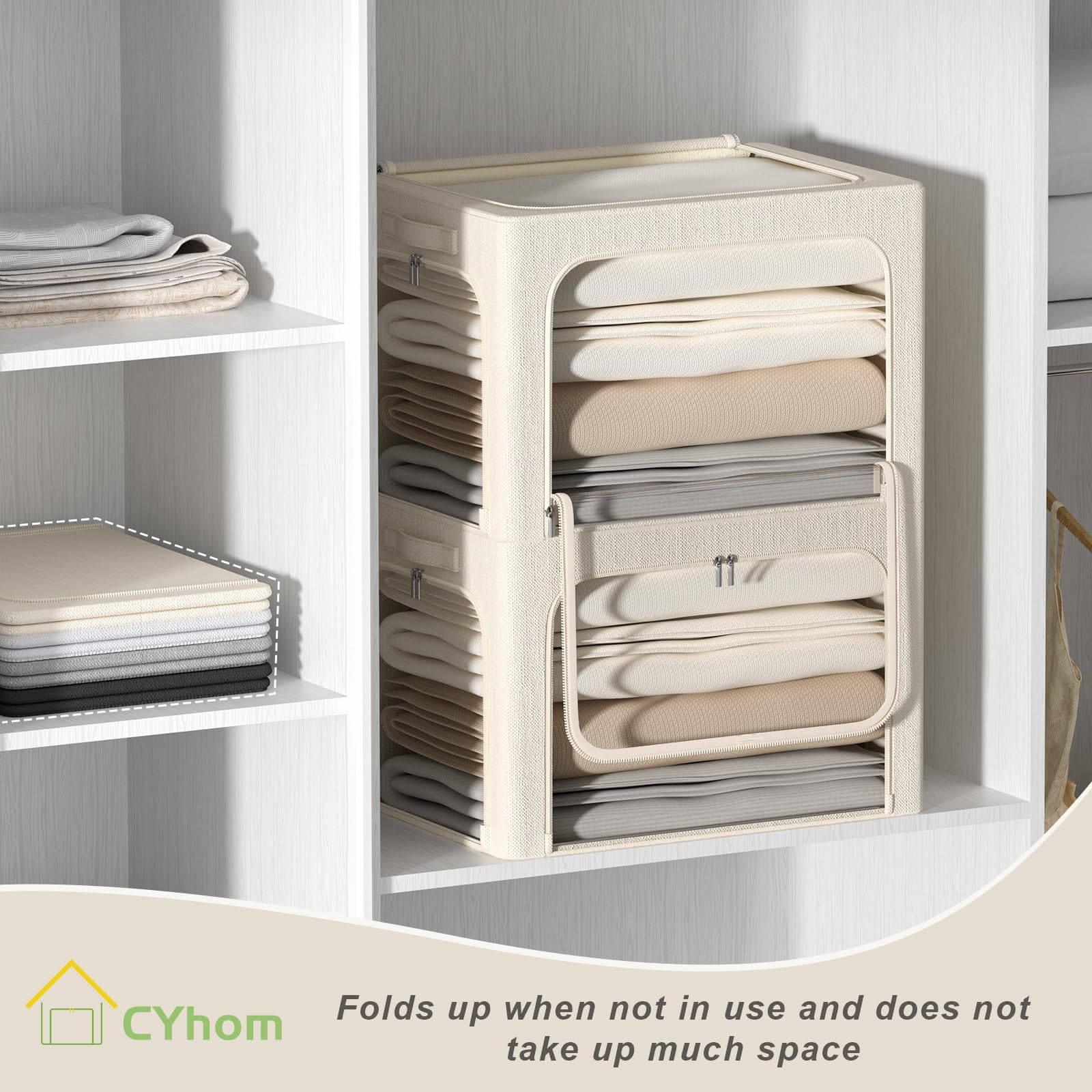 3-Pack Stackable Foldable Storage Bins with Clear Window & Carry Handles - 36L Metal Frame Clothing Organizer Box (15.7x11.8x11.8in, Beige) for Closet, Nursery, or Office Organization