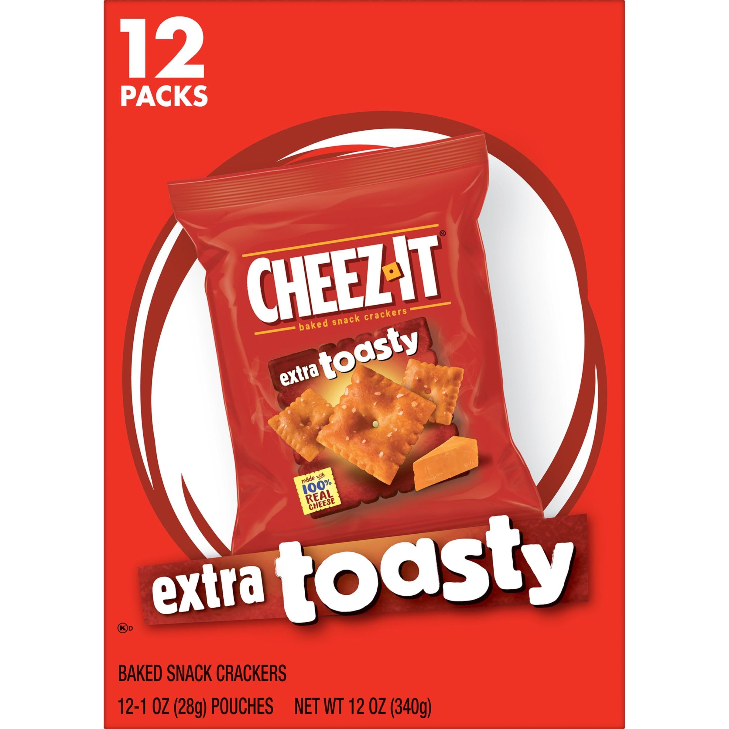 Cheez-It Extra Toasty Baked Cheese Crackers - 12oz Box (12 Packs) - Perfect for Office Snacks, Kids Lunchboxes & Party Platters
