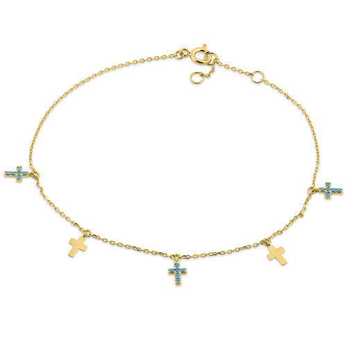 14K Yellow Gold Turquoise Cross Bracelet for Women - Elegant Religious Jewelry Gift for Christmas, Baptism & Everyday Wear