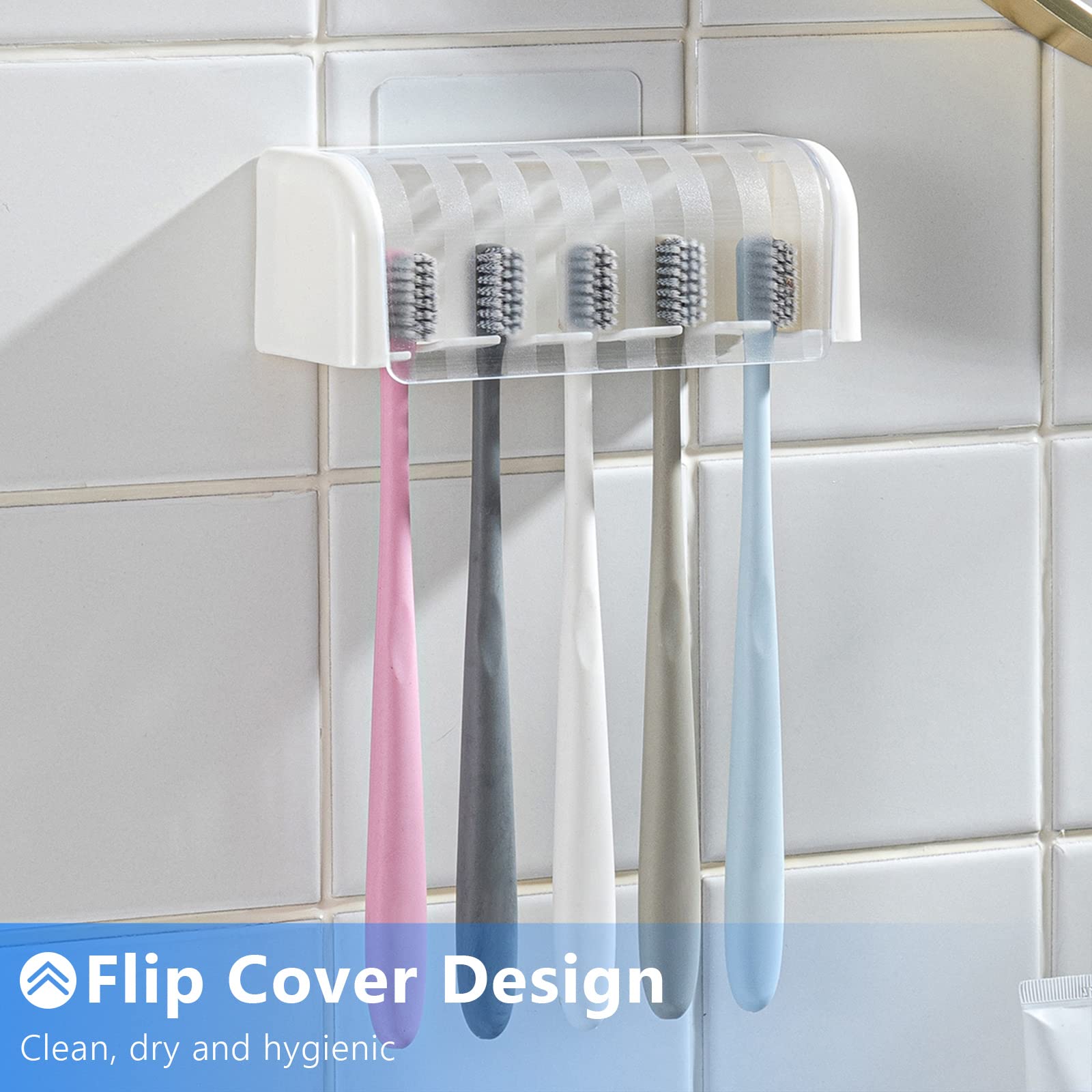 5-Slot Wall Mount Toothbrush Holder with Cover - Self-Adhesive Bathroom Organizer for Toothbrushes (White) | Perfect for Dorm, Apartment & Shower Storage - Holds 5 Toothbrushes Hygienically