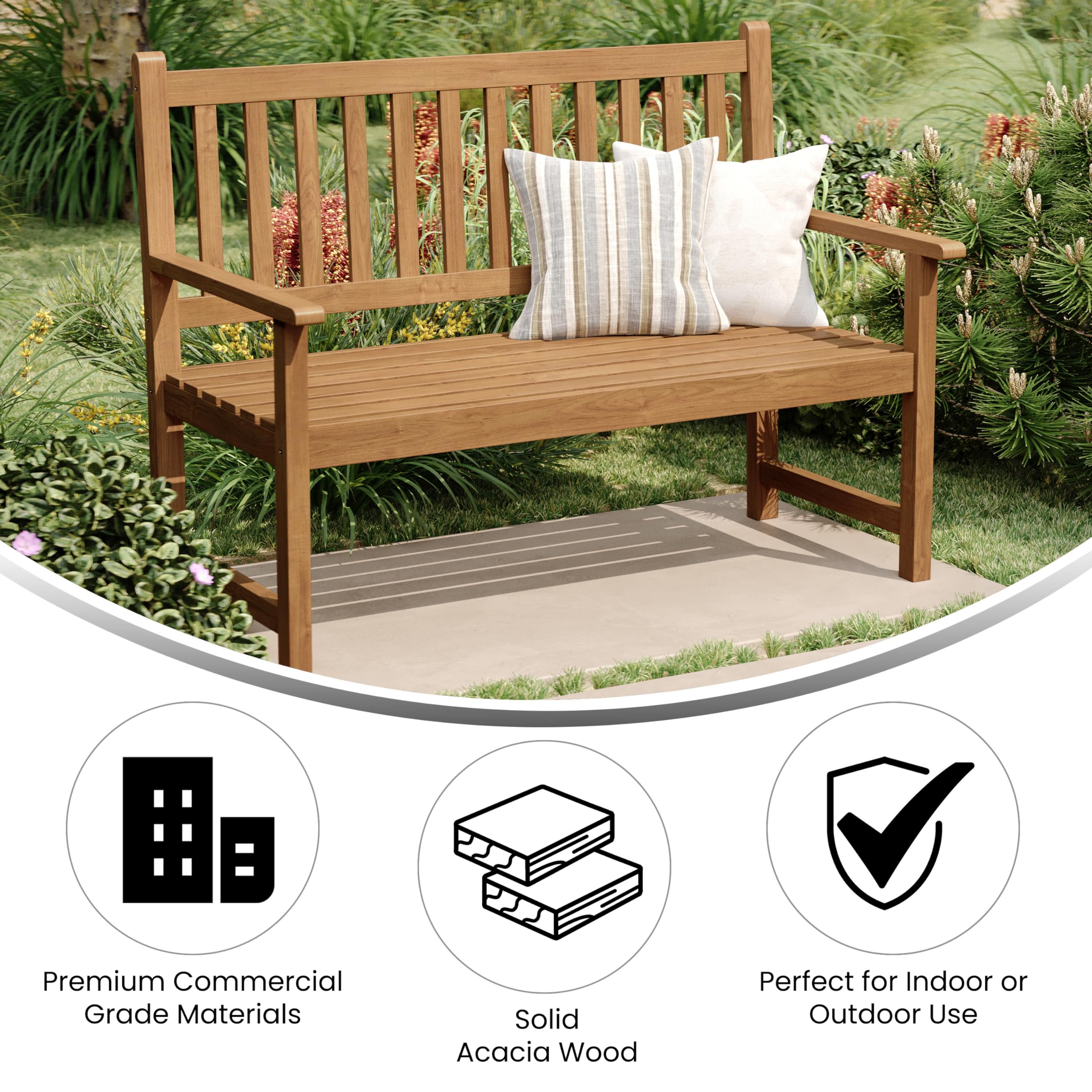 Flash Furniture Adele 2-Person Acacia Wood Bench - Indoor/Outdoor Slatted Patio Loveseat for Yard, Garden, Porch, Park - Durable Brown Wooden Seating for Relaxing Outdoors & Entertaining Guests