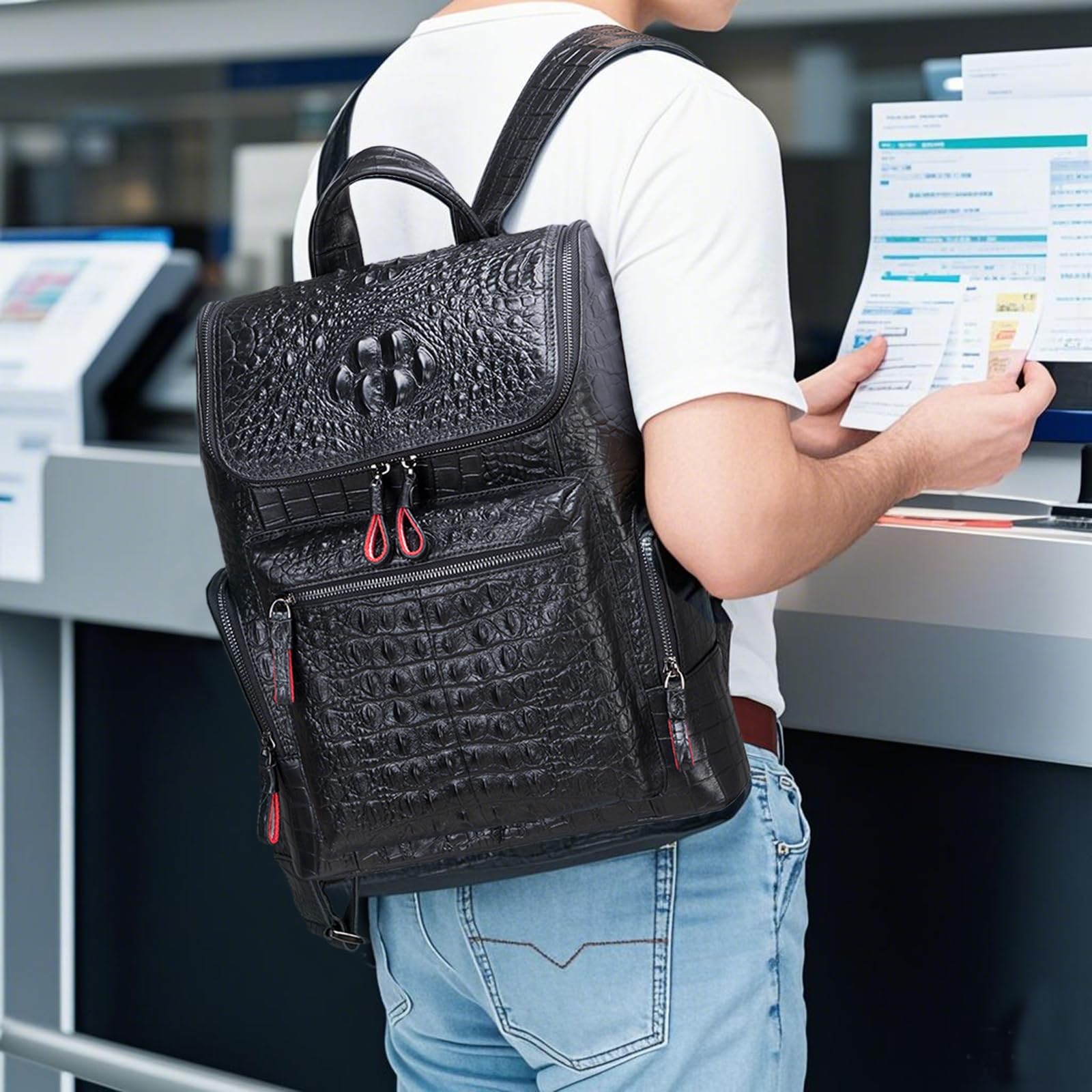 Boshiho Genuine Leather Laptop Backpack for Men - Premium Business Travel Backpack with Metal Zipper Pull - Perfect for Work, Commuting & College (Large Size)