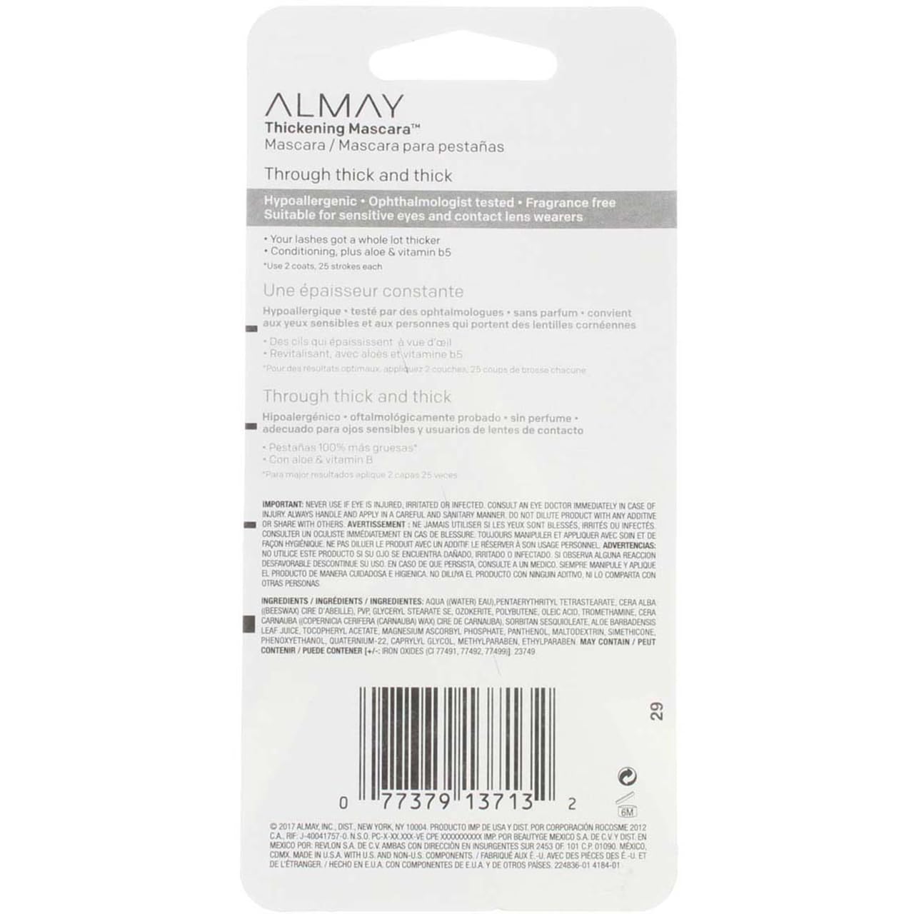 Almay One Coat Thickening Mascara - Blackest Black [401] - 0.26 oz (2 Pack) | Volumizing & Lengthening for Dramatic Lashes | Perfect for Daytime & Nighttime Looks