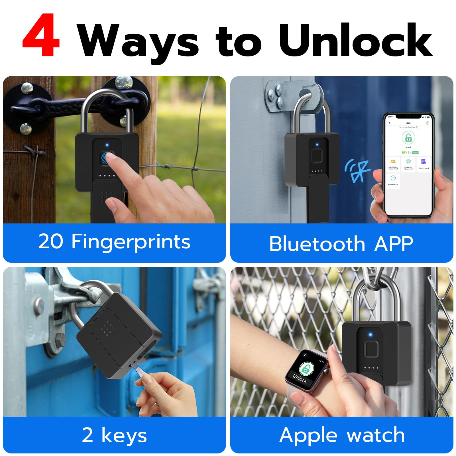 Dhiedas Fingerprint Padlock - Bluetooth Smart Lock with Waterproof & Heavy Duty Design - Secure Outdoor Fence, Gate, Shed, Warehouse, Gym, Storage Yard - Ideal for Home Security & Commercial Use