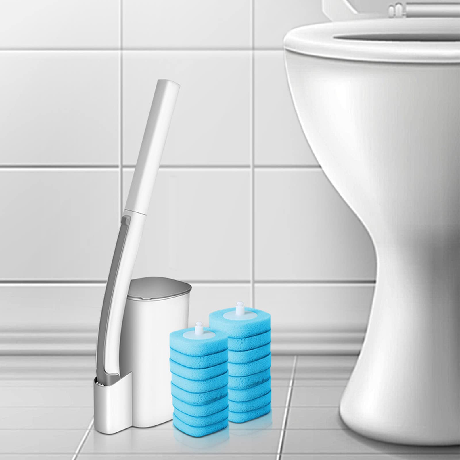 JINTAO Disposable Toilet Bowl Brush Set with Holder & 16 Refills - Hygienic Toilet Cleaning System Starter Kit for Bathroom Sanitation | Easy-to-Use Toilet Wand Cleaner for Home, RV & Office Use