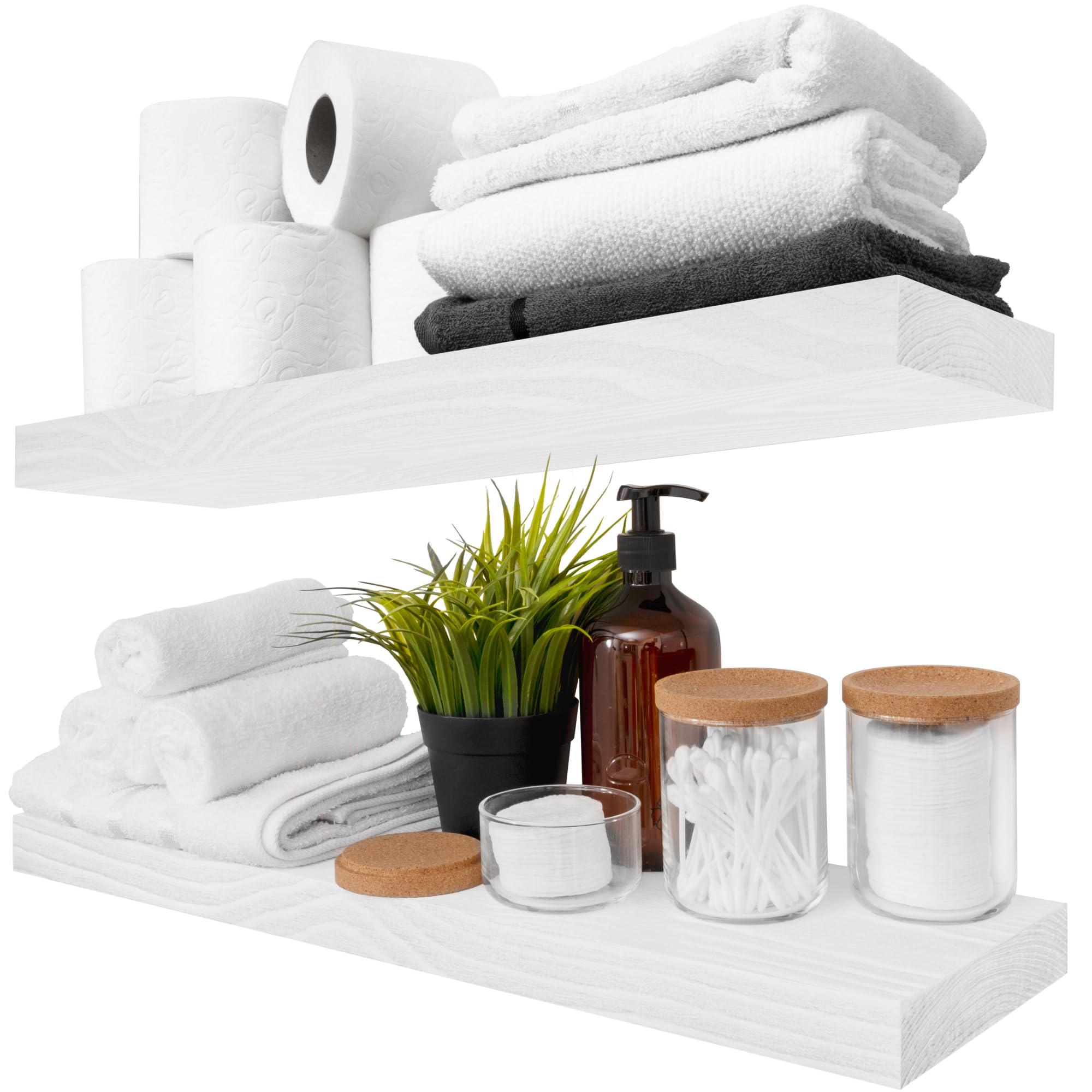 BAOBAB WORKSHOP 24 Inch Floating Shelves Set of 2 - White Wood Wall Mounted Shelves for Bathroom, Kitchen, Living Room & Bedroom - 24 x 6.7 Inch Rustic Home Decor Storage Solution