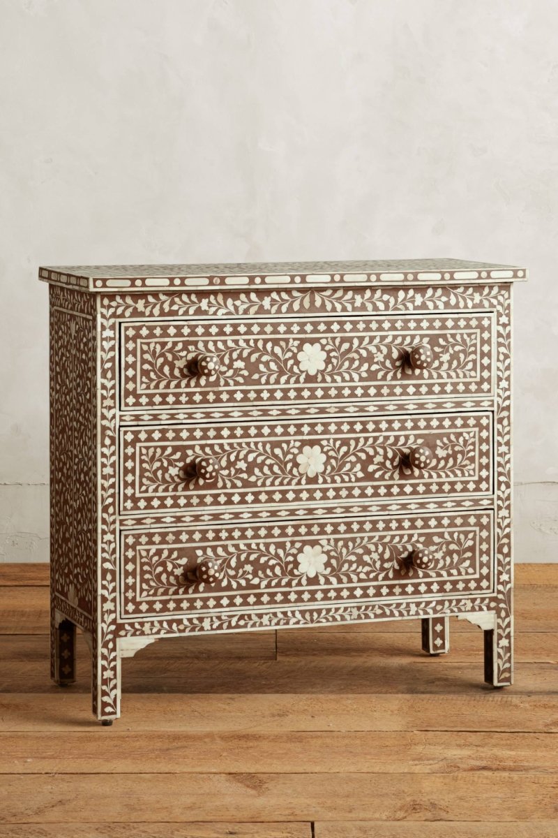 Handmade Brown Bone Inlay Dresser with Floral Design - 3 Drawer Vintage Storage Chest for Bedroom, Living Room & Entryway Organization