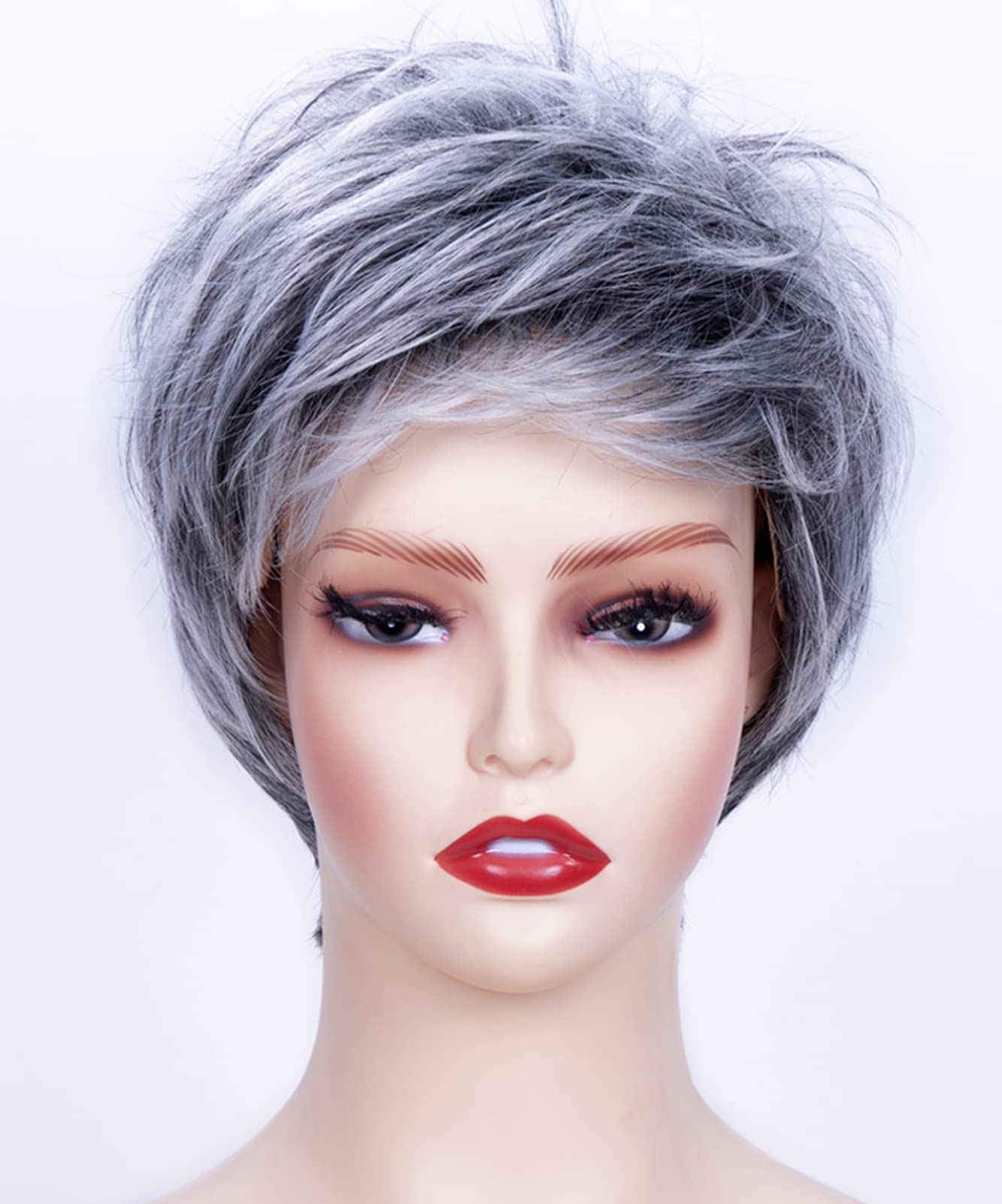 Happy Cherry Short Wigs for Women - Synthetic Shag Wig with Black & Silver Highlights - Pixie Layered Wig for Older Women - Includes Cap & Comb - Perfect for Cosplay, Daily Wear & Costume Parties