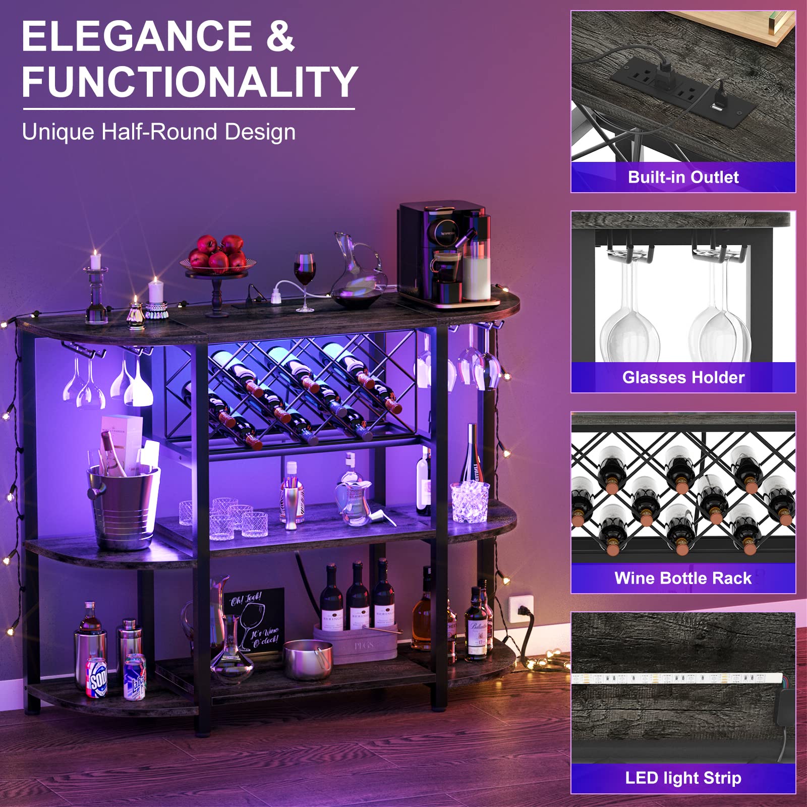 Unikito 4-Tier Metal Coffee Bar Cabinet with Power Outlet & LED Lights - Freestanding Floor Bar Table with Glass Holder & Wine Rack Storage - Gray Oak Kitchen Bar Cart for Coffee, Wine & Liquor Organization - Perfect for Dining Room, Kitchen or Home Bar Setup