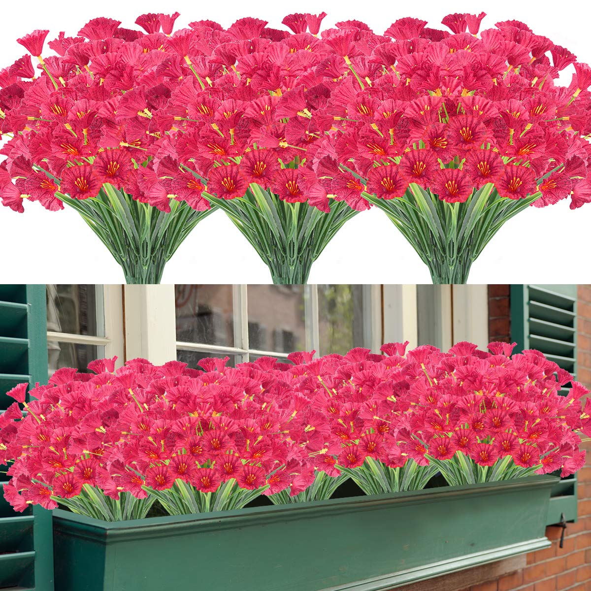 12 Bundles UV Resistant Artificial Flowers for Outdoor - Fade Proof Faux Plastic Greenery Shrubs for Garden, Porch, Window Box Decor (Fuchsia) | Perfect for Home, Wedding, Party & Office Decoration