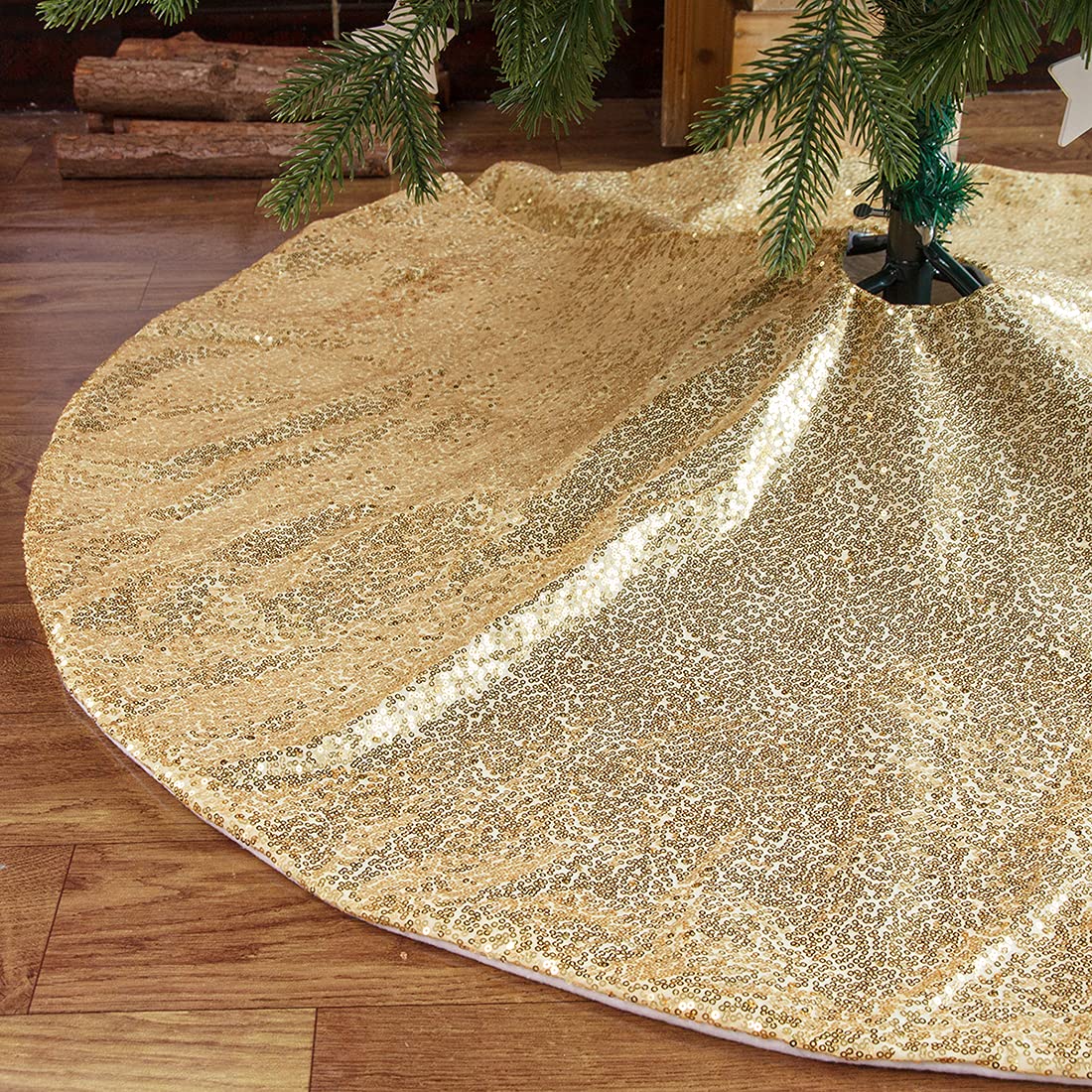 AAXYZX 35 Inch Sequin Christmas Tree Skirt - Glitter Double Layer Holiday Party Decor for Xmas, Home & Festive Gatherings (Red/Yellow, 35