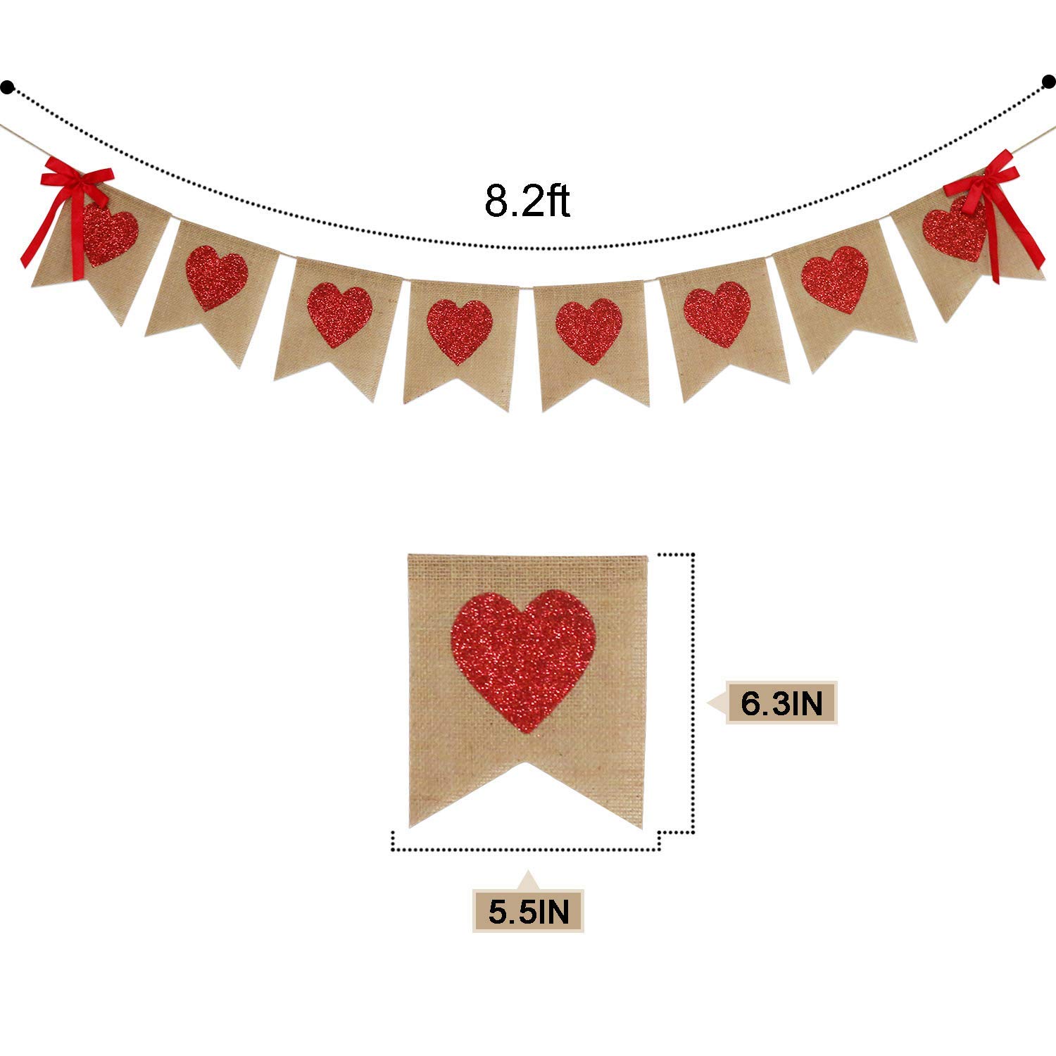 Red Glitter Heart Burlap Garland - Valentine's Day Rustic Decor for Weddings, Anniversaries & Birthday Parties | Romantic Home and Party Decoration Supplies