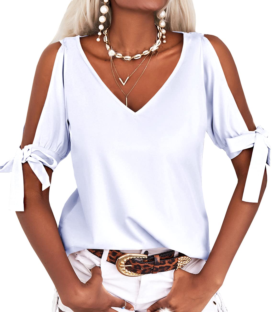 Veatzaer Women's Cold Shoulder Tops Short Sleeve V-Neck Casual Blouse - Loose Fit Cutout Summer Fashion T-Shirt for Beach, Party & Daily Wear