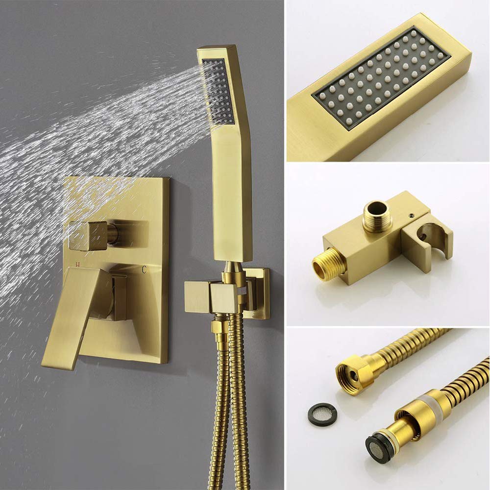 12 Inch High Pressure Rainfall Shower System with Handheld Shower Head & Bathtub Faucet - 3 Function Shower Valve Trim Kit in Brushed Gold - Perfect for Modern Bathroom Renovation and Spa-Like Shower Experience