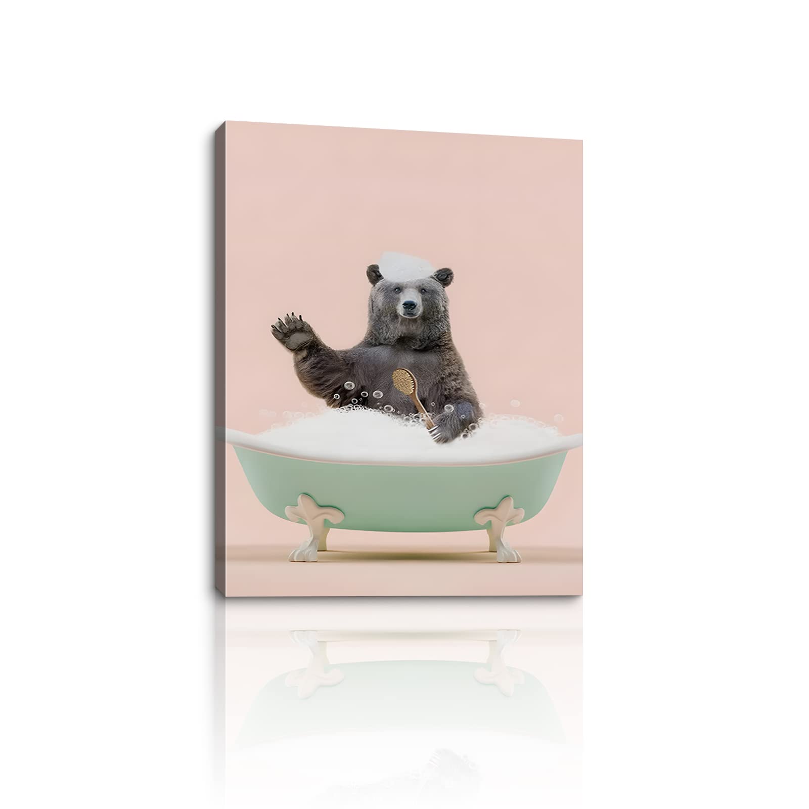 TiHoMimi Bear Canvas Wall Art - Pink Background Animal Painting for Bathroom, Kids Bedroom & Kitchen Decor - Funny Bathtub Bear Picture Print - Framed Artwork Easy to Hang - Perfect for Girls' Room, Nursery & Home Decoration
