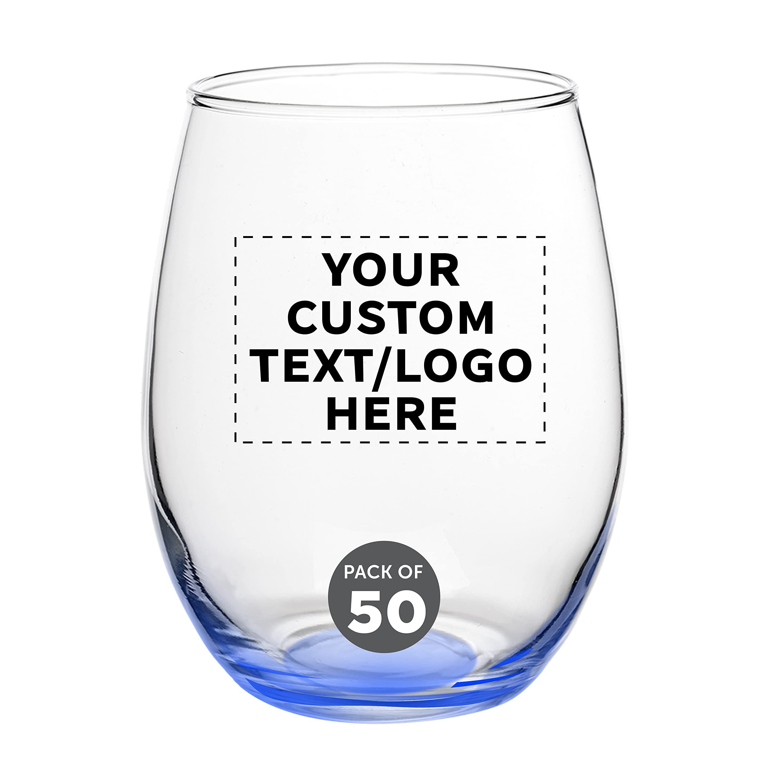ARC Perfection Custom Stemless Wine Glasses Bulk Set - 15 oz (50 Pack) with Personalized Text & Logo - Perfect for Red or White Wine - Blue Color - Ideal for Weddings, Parties, and Corporate Events