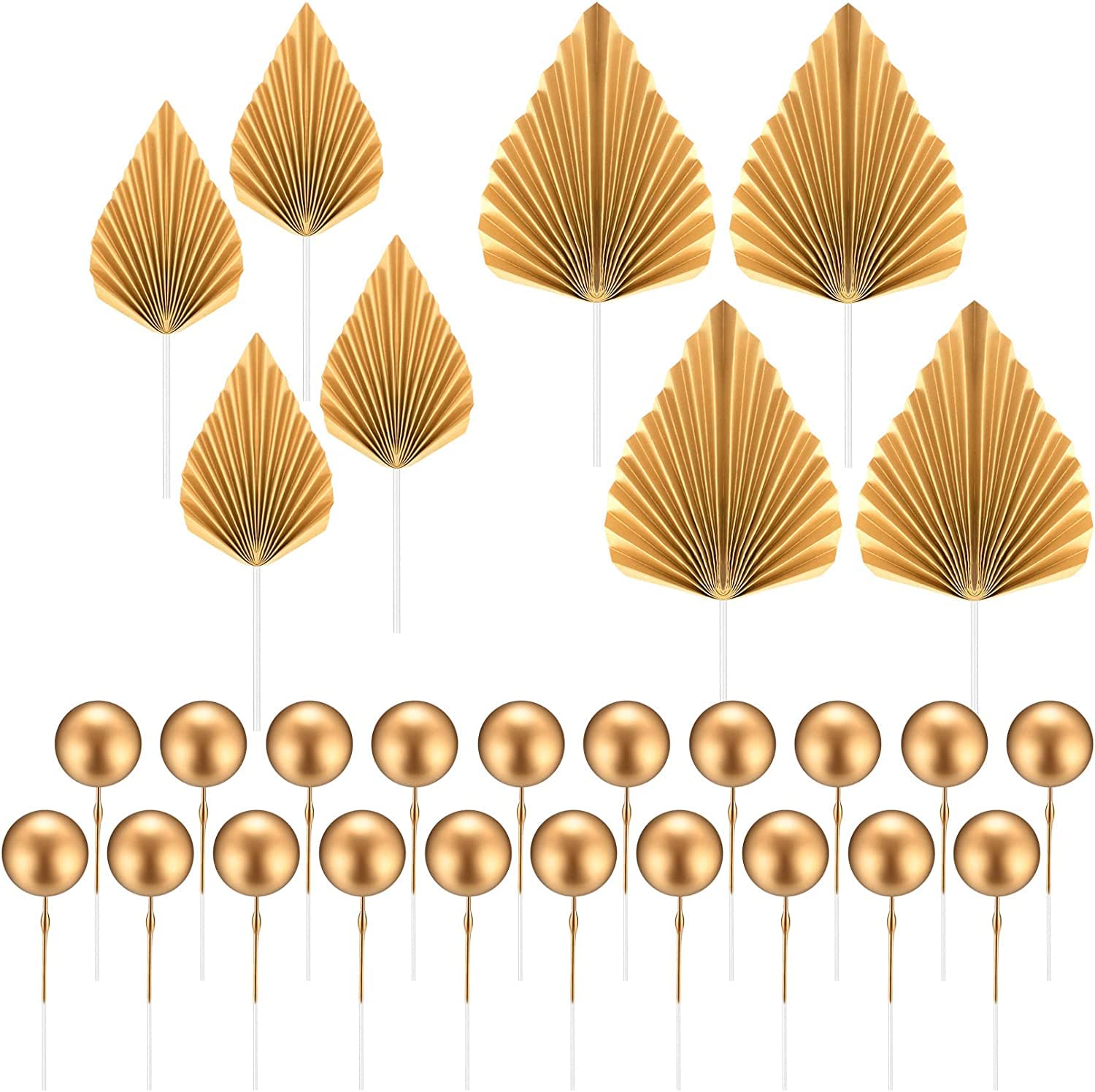 20 Pcs Gold Foam Ball Cake Toppers & 8 Pcs Gold Paper Palm Leaf Decorations for Birthday, Wedding, Baby Shower Party - Elegant Cake Inserts for Tropical & Glamorous Theme Celebrations