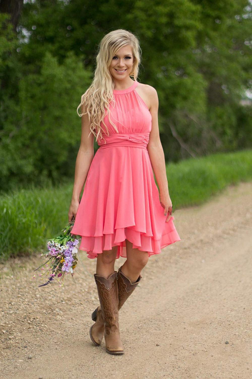 Elegant Coral Chiffon Halter Bridesmaid Dress for Women - Western Wedding Guest Dress Size 4 | Perfect for Summer Weddings, Bridal Showers & Formal Events