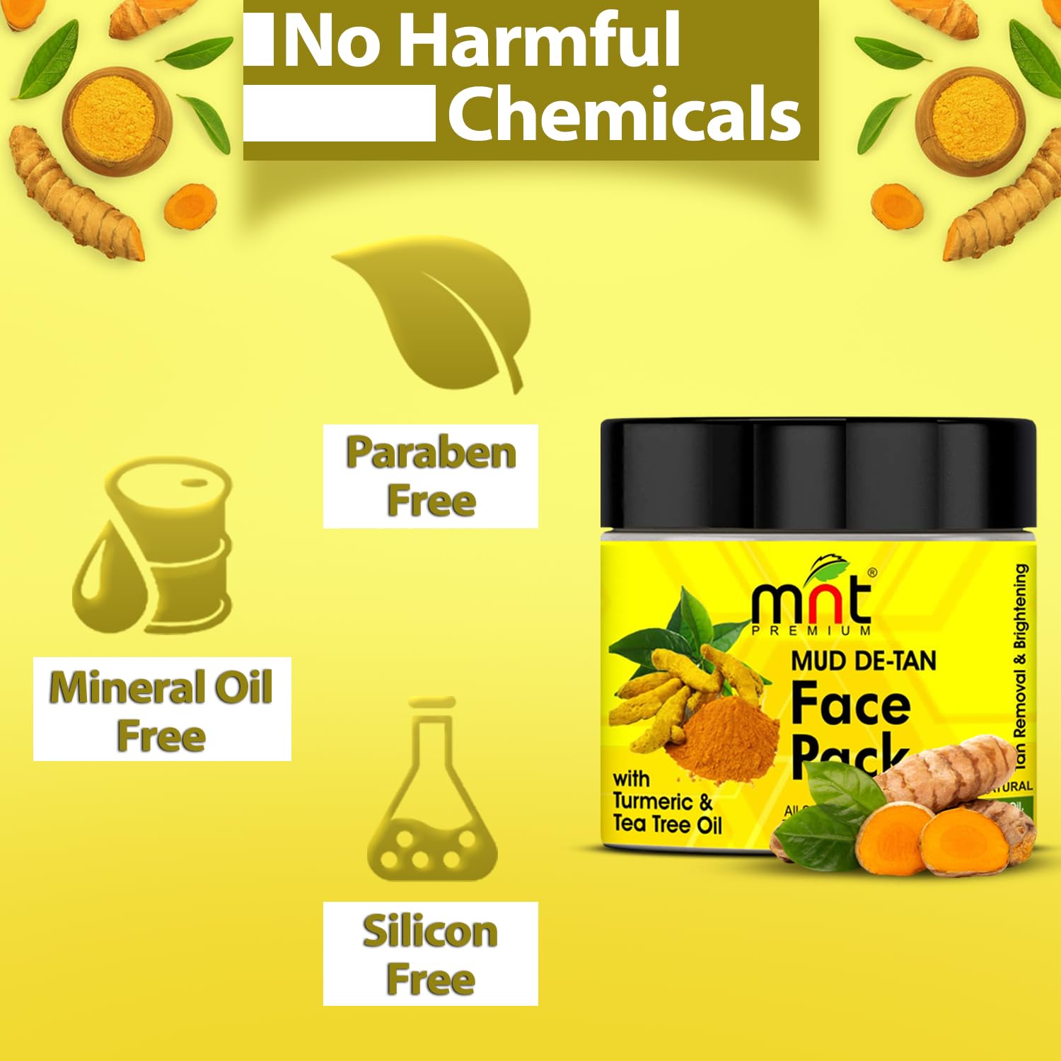 Natural MNT Mud De-Tan Face Pack with Turmeric & Tea Tree Oil - Tan Removal & Skin Brightening for All Skin Types | 100g | Perfect for Post-Sun Care & Glowing Skin